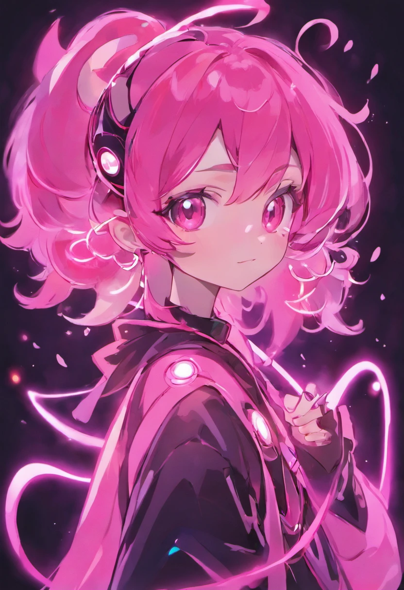 un chico de cabello rosado con ojos cafes usando un sobretodo negro y una espada con luces neon