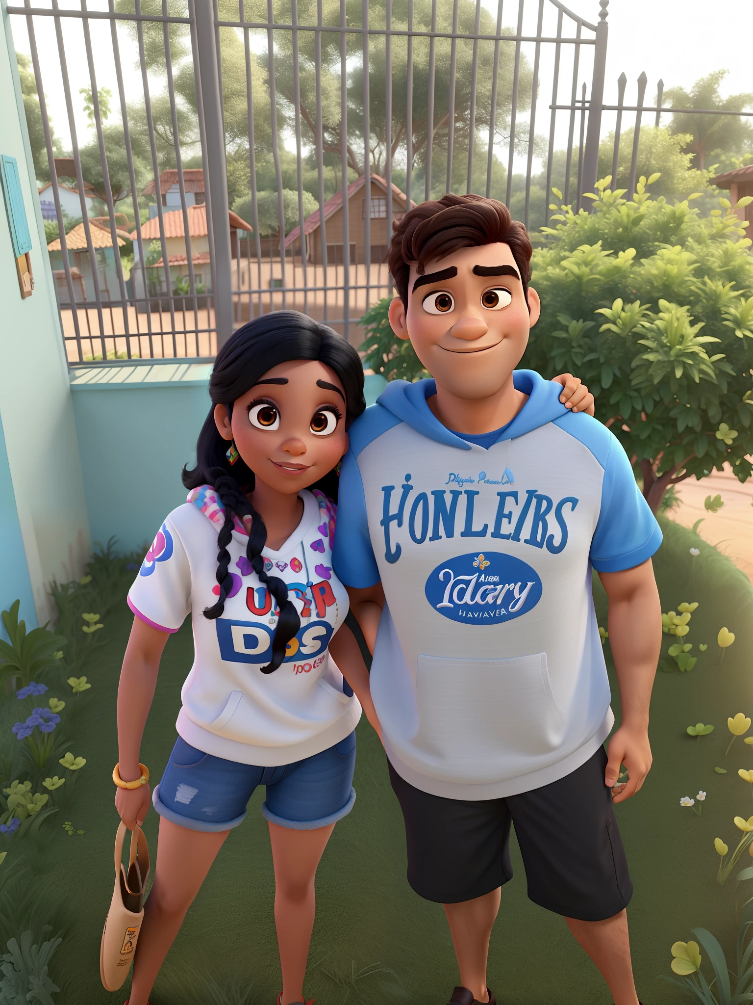 um casal da pixar, homem negro mulher morena a mulher nas costas do homem felizes