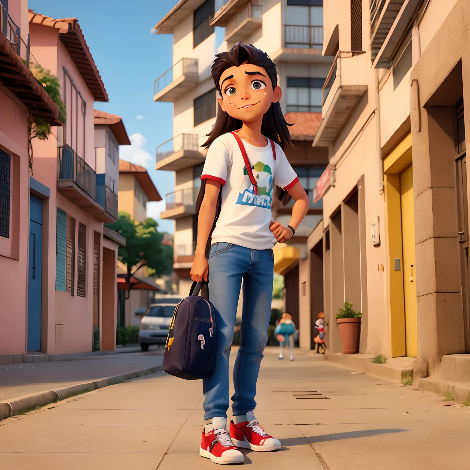 Cartoon character standing on sidewalk in urban area with buildings, shops, square in background, pixar, 3 d animated movie, renderizado em Disney, Flávio Fernando in the city of São Paulo in an anime film, maya render, animated film, render de um menino anime 3d bonito, renderizado em renderman, animation style rendering, Pixar , renderizado no liquidificador, renderizado em corona