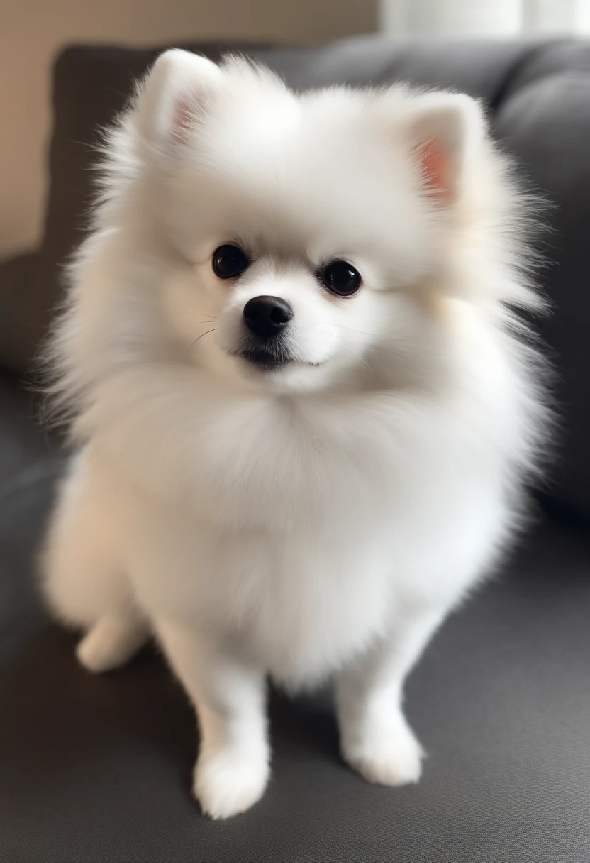 Image of a white Pomeranian Lulu dog for a story in a YouTube video in Pixar format, He's little Zoe , He's the class leader, He's outgoing, Playful and gets up for a lot of things, tem muito pelo branco