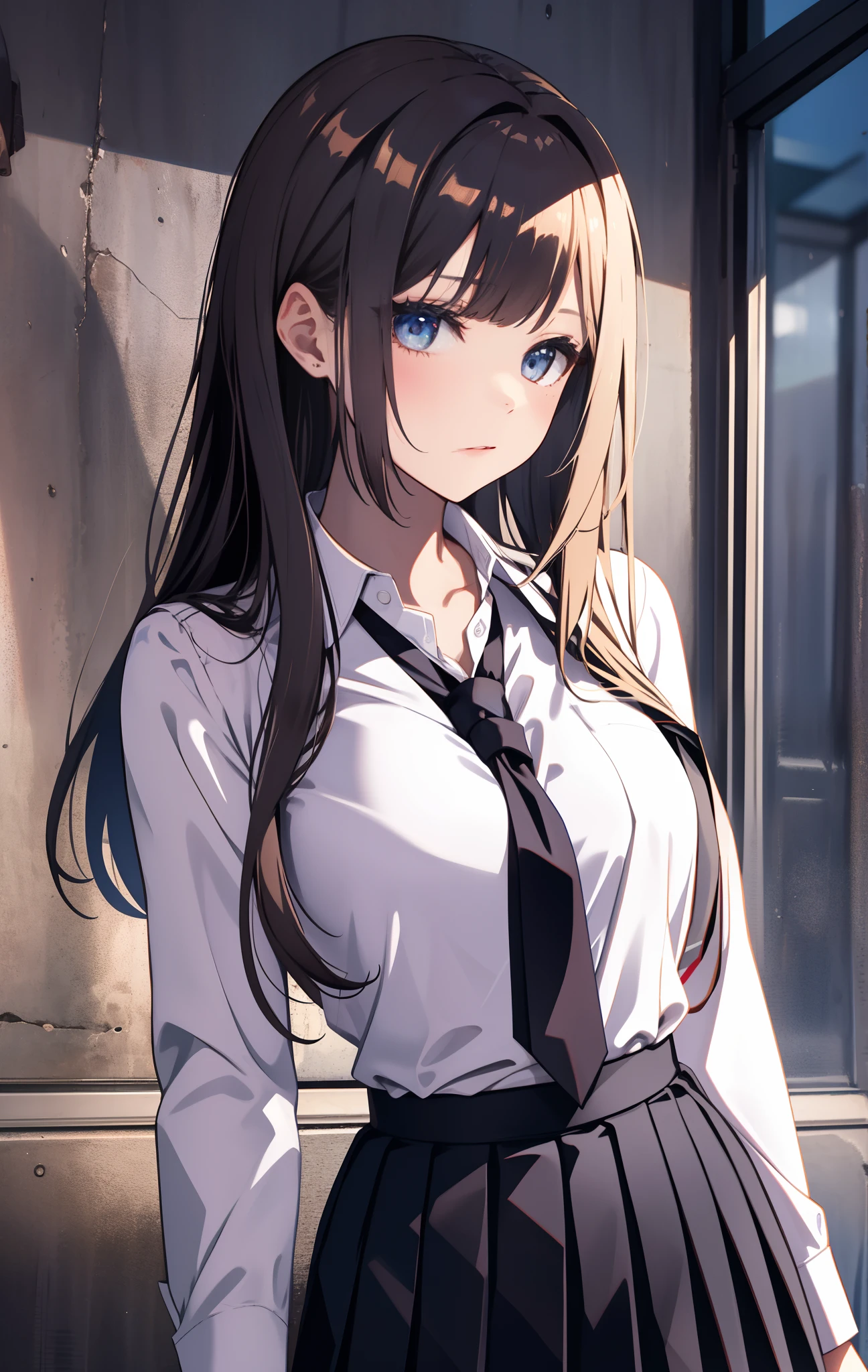 black necktie, Long sleeves, Pleated skirt, School uniform, Shirt, Skirt, sleeves rolled up, White shirt,