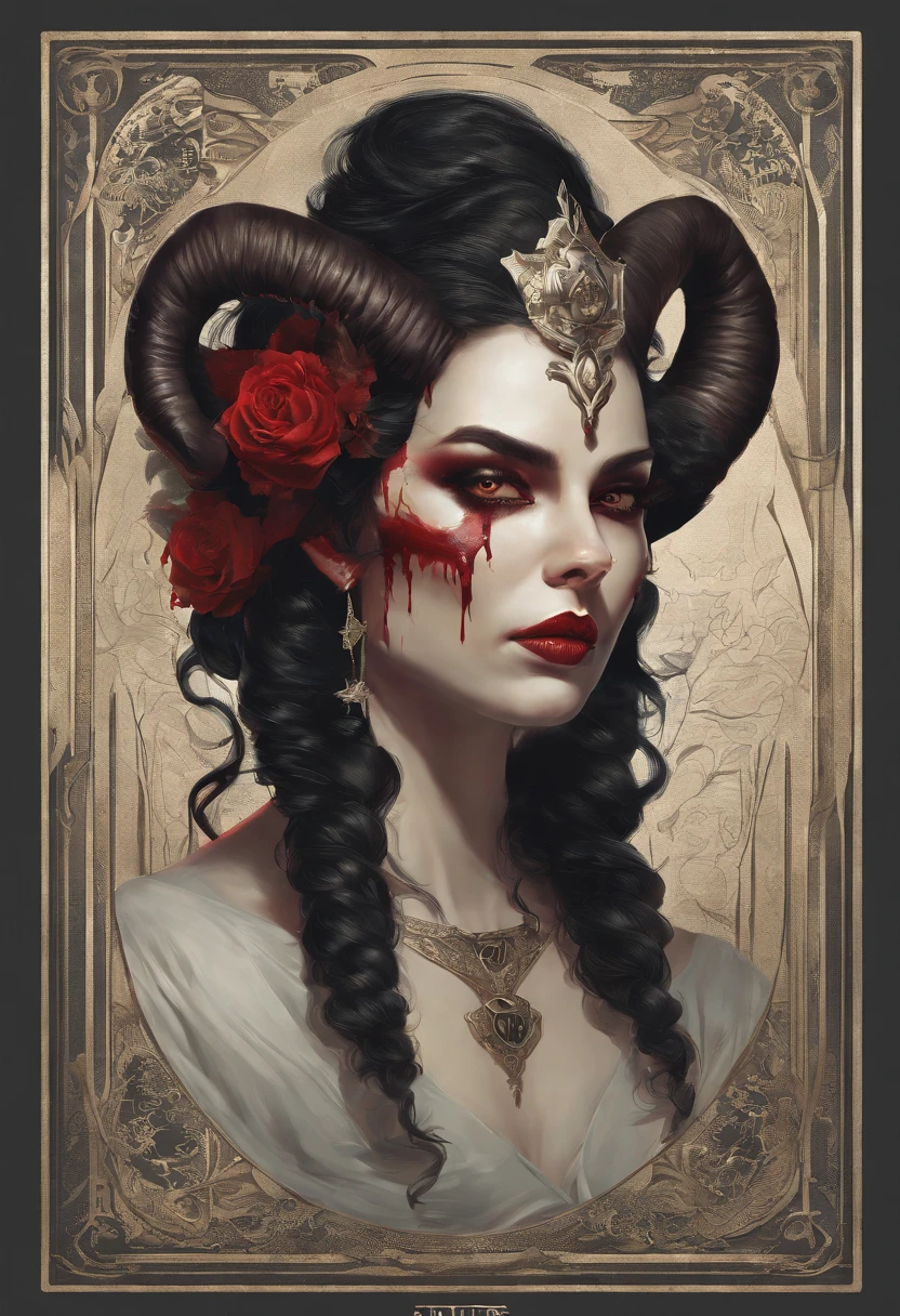 demonic woman with horns and blood on her face, an ultrafine detailed painting inspired by Art of Brom, featured on Artstation, gothic art, artgerm and tom bagshaw, tom bagshaw inspired, in style of dark fantasy art, portrait of demon girl, tom bagshaw artstyle, artstyle tom bagshaw, exquisite creature poster art