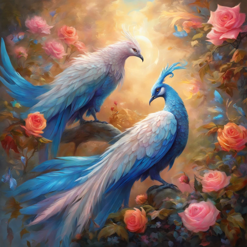 (best quality, high resolution, realistic: 1.37), (oil painting), a blue phoenix (silver blue wings, majestic feathers: 1.1) rising from the ashes (flames: 0.9), (vivid colors) in the background. The phoenix is perched atop a vibrant rose (delicate petals, intricate details), its slender body radiating (incandescent light, ethereal glow). As it takes flight, the (gentle breeze) gracefully lifts its feathers, creating a magnificent (movement, dynamic) effect. The scene is filled with (lush vegetation, blooming flowers: 1.1) and (rays of light piercing the foliage, creating dappled light). The overall atmosphere is (mystical, enchanting), with a harmonious mix of vibrant shades of blue, pink and incandescent silver.