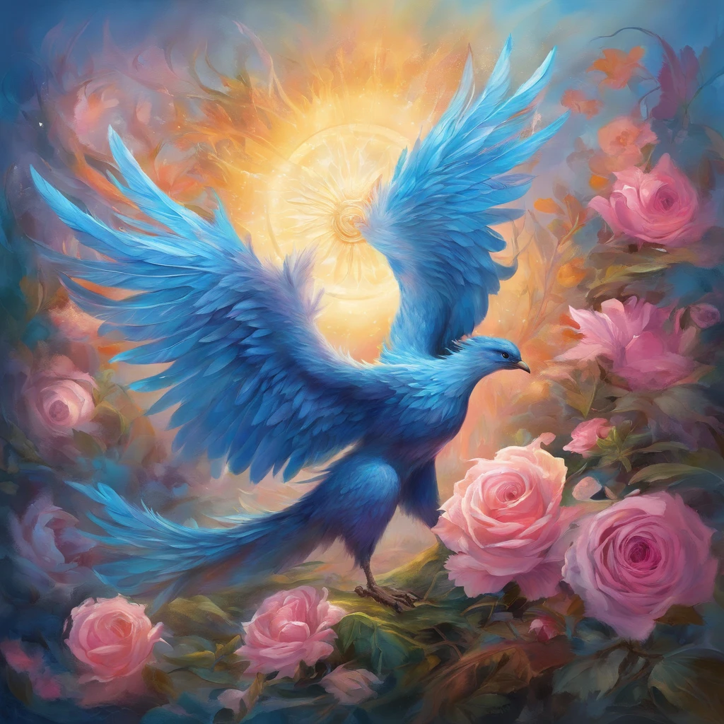 (best quality, high resolution, realistic: 1.37), (oil painting), a blue phoenix (silver blue wings, majestic feathers: 1.1) rising from the ashes (flames: 0.9), (vivid colors) in the background. The phoenix is perched atop a vibrant rose (delicate petals, intricate details), its slender body radiating (incandescent light, ethereal glow). As it takes flight, the (gentle breeze) gracefully lifts its feathers, creating a magnificent (movement, dynamic) effect. The scene is filled with (lush vegetation, blooming flowers: 1.1) and (rays of light piercing the foliage, creating dappled light). The overall atmosphere is (mystical, enchanting), with a harmonious mix of vibrant shades of blue, pink and incandescent silver.