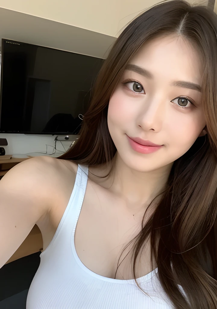 ((Best quality, 8k, Masterpiece :1.3)), 1girl, beautiful woman with emphasis on plump abs: 1.3, full body, (long hair, big breasts: 1.2), oversized tank top: 1.2, ultra-delicate face, delicate eyes, double eyelids, smile, home, random color clothes