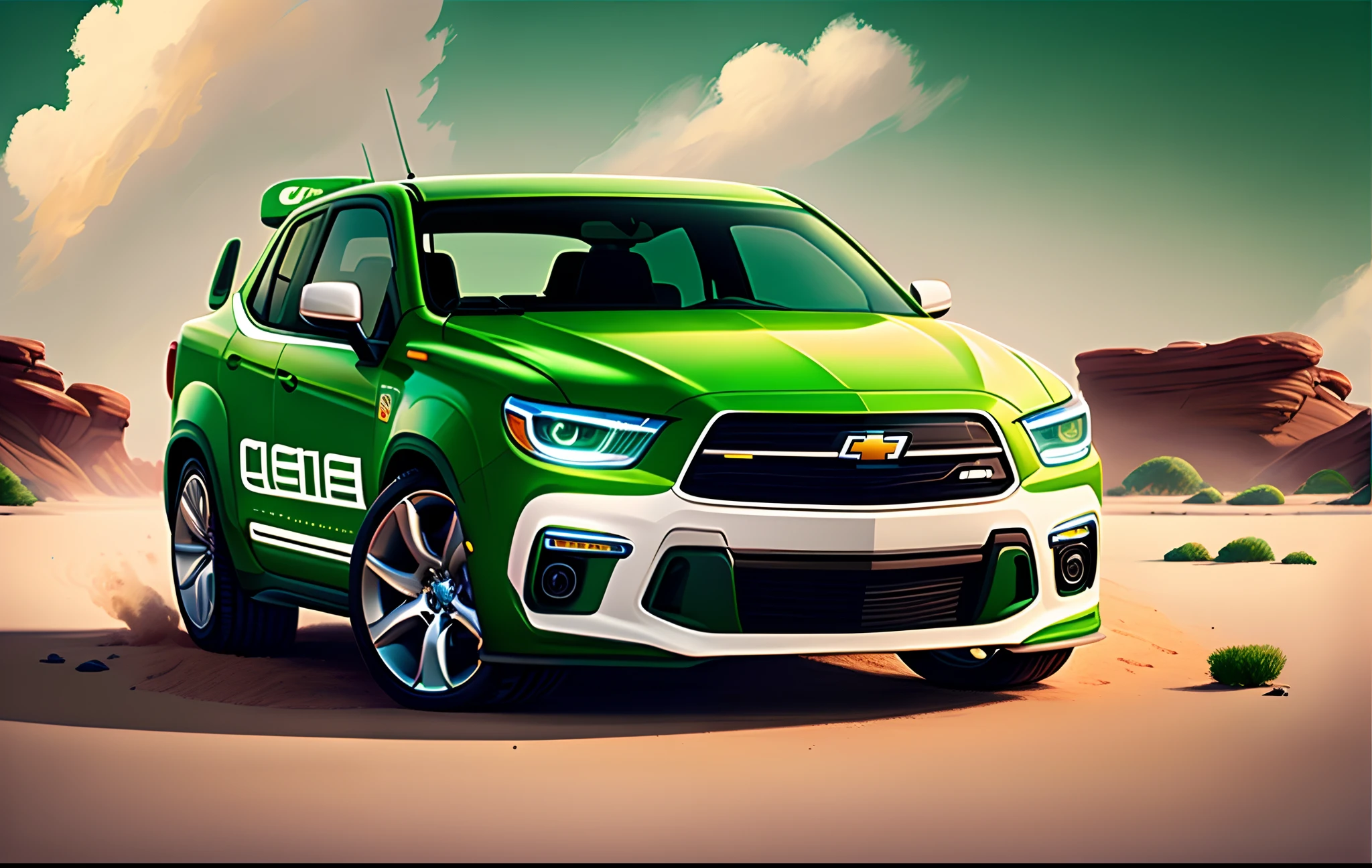 Criar imagem estilo pixar, de um vendedor de carros homem branco, careca de barba bem feita castanha, olhos verdes, de camisa preta com emblema da Chevrolet no peito ao lado de um Chevrolet ONIX