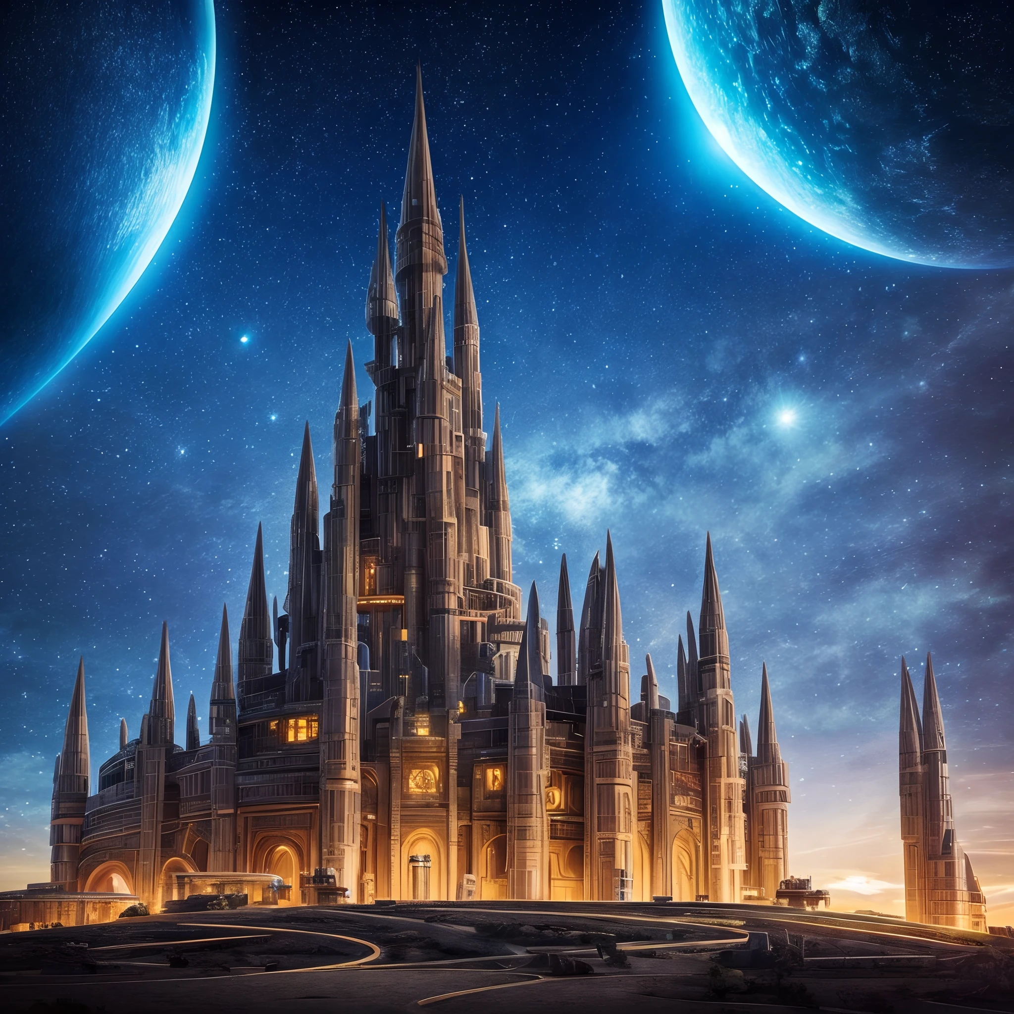 Futuristic alien castle of another civilization on the background of the night starry sky, Smooth curved lines, Smooth shapes, intricate weave, higly detailed, Cinematic photo