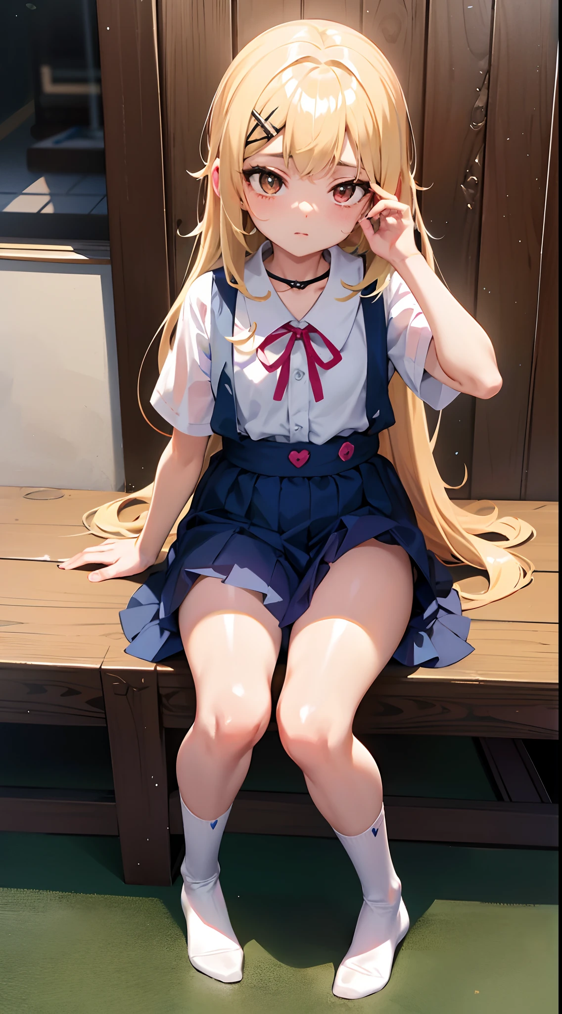 Japanese beautiful girl, classroom, desk, long blonde hair, sailor suit, belly button, long straight blonde hair, Japanese babe, bad girl, bubble socks, pink lipstick, expression disdain, navel, red eye shadow