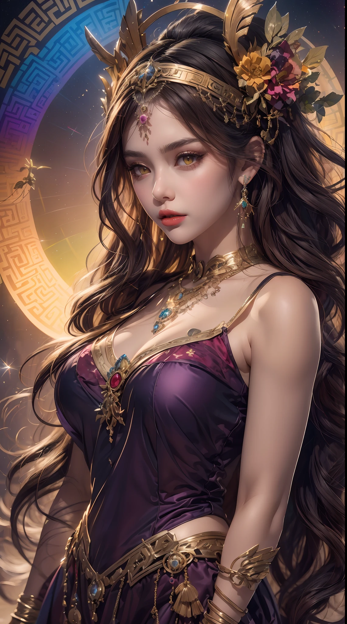 1 27-year-old girl, 1 zodiac goddess from the future, 12 zodiac goddess pink purple, 12 zodiac goddess face sexy thin yellow nightgown, long thin nightgown 12 zodiac many limbs sexy black lace detail, mythical goddess of the 12 zodiacs from the future, zodiac ♏, luxurious glittering zodiac style, dark and mysterious version, zodiac crown, lipstick red lips, thin and pretty lips, don't smile, keep your mouth shut, characters created by karol bak and pino daeni, intricate detail, detailed background, extremely detailed, light magic, a woman, clear face, looking at the upper body of the goddess of the zodiac, round breasts, big and round breasts, phoenix hair brooch, long hair with bangs, beautiful detailed face and well-proportioned eyes, (transparent yellow eyes: 1.8), big round eyes and very beautiful and detailed makeup, visionary, long silk nightgown, mysterious makeup, Bracelets, side bangs and dye pale yellow, upper body, (zodiac goddess upper body: 1.8), drooping arms, Realistic and vivid photo, (stars that make up the zodiac: 1.7), ( sky zodiac and fictitious space and time portal: 1.8), fiction art, RAW photo, hanfu photo, best photo , high_res, best quality, best photo, 8k quality, 8k ultra , surrealism, the most economical real photo, artistic portrait of 12 zodiac signs, 1 symbol of 12 zodiac signs behind, single portrait of 12 zodiac goddess, The most realistic color scheme, best photo color, masterpiece, hair ornament, necklace, jewelry, Beautiful face, upper body, tyndall effect, photo realistic, dark studio, border light, two tone light, (detailed skin) high: 1.2), 8k uhd, dslr, soft light, high quality, volumetric light, candid, Photo, high resolution, 4k quality, 8k, Bokeh, Smooth and sharp, pixel up 10 times, Charming zodiac goddess, sexy zodiac goddess, (background space: 1.8), (galaxy: 1.7), aurora, lightning, (Aurora Background: 1.8) <lora:locon_perfecteyes_v1_from_v1_, beautiful goddess and flowers,