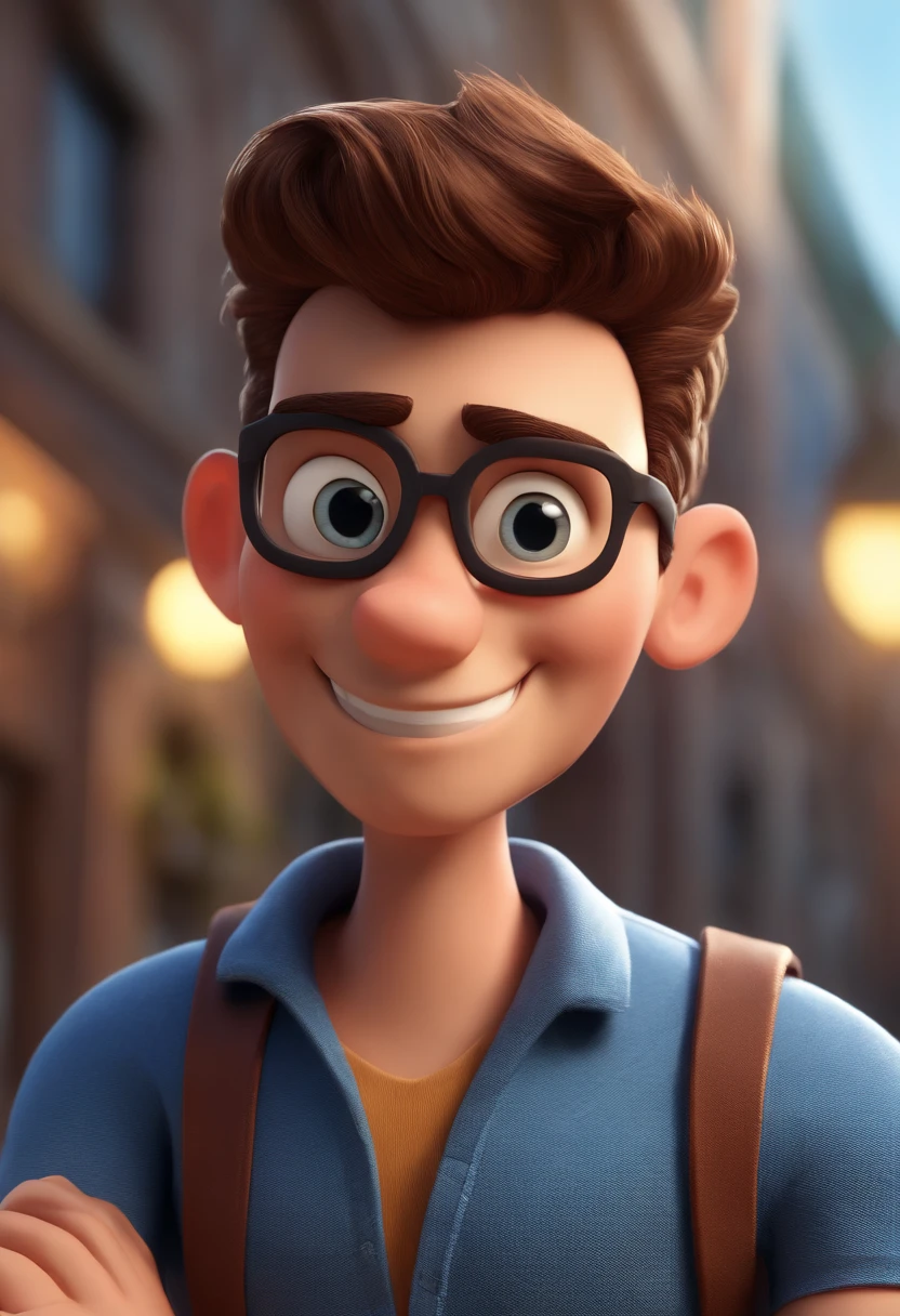 Personagem de desenho animado de um homem usando camisa azul, um personagem animado, Caractere estilizado, animation style rendering, 3D estilizado, Arnold Maya render, 3 d render stylized, toon render keyshot, Personagem 3D, Personagem 3D, 3d rendering stylized, 3 d character render, personagem de desenho animado, Personagem de close up, Pose de personagem, (Estilo Pixar) (master part:1.2) (Bokeh) (best quality) (pele detalhada) (textura detalhada) (8k) (argila) (Cinematic lighting) (foco nítido，Senta e vaza a parte superior do corpo