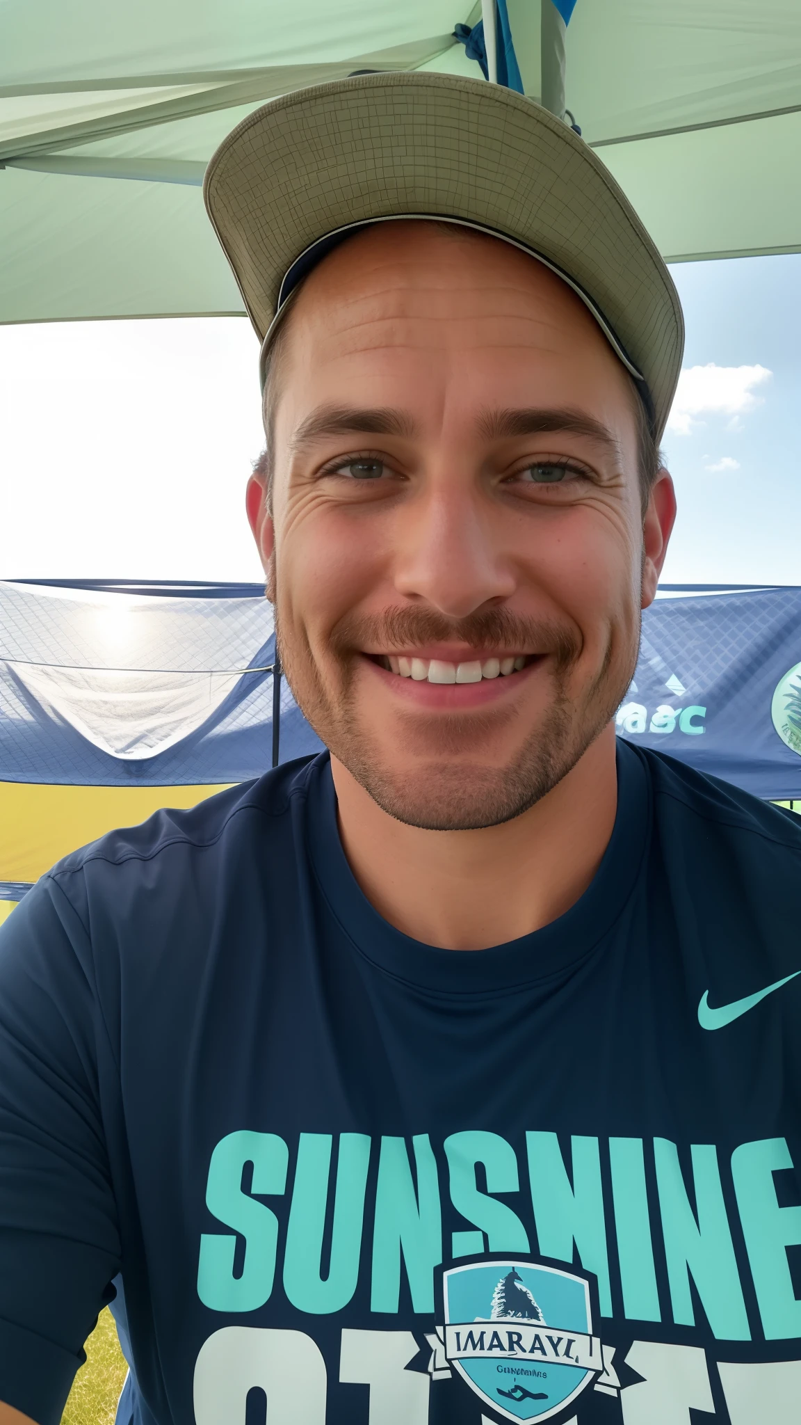 smiling man in a blue shirt and hat sitting under a tent, 8k selfie photograph, sweaty face, profile image, very slightly smiling, profile picture 1024px, selfie of a man, happily smiling at the camera, slightly smiling, smiling at the camera, profile picture, profile shot, looking happy, smiling into the camera, almost smiling