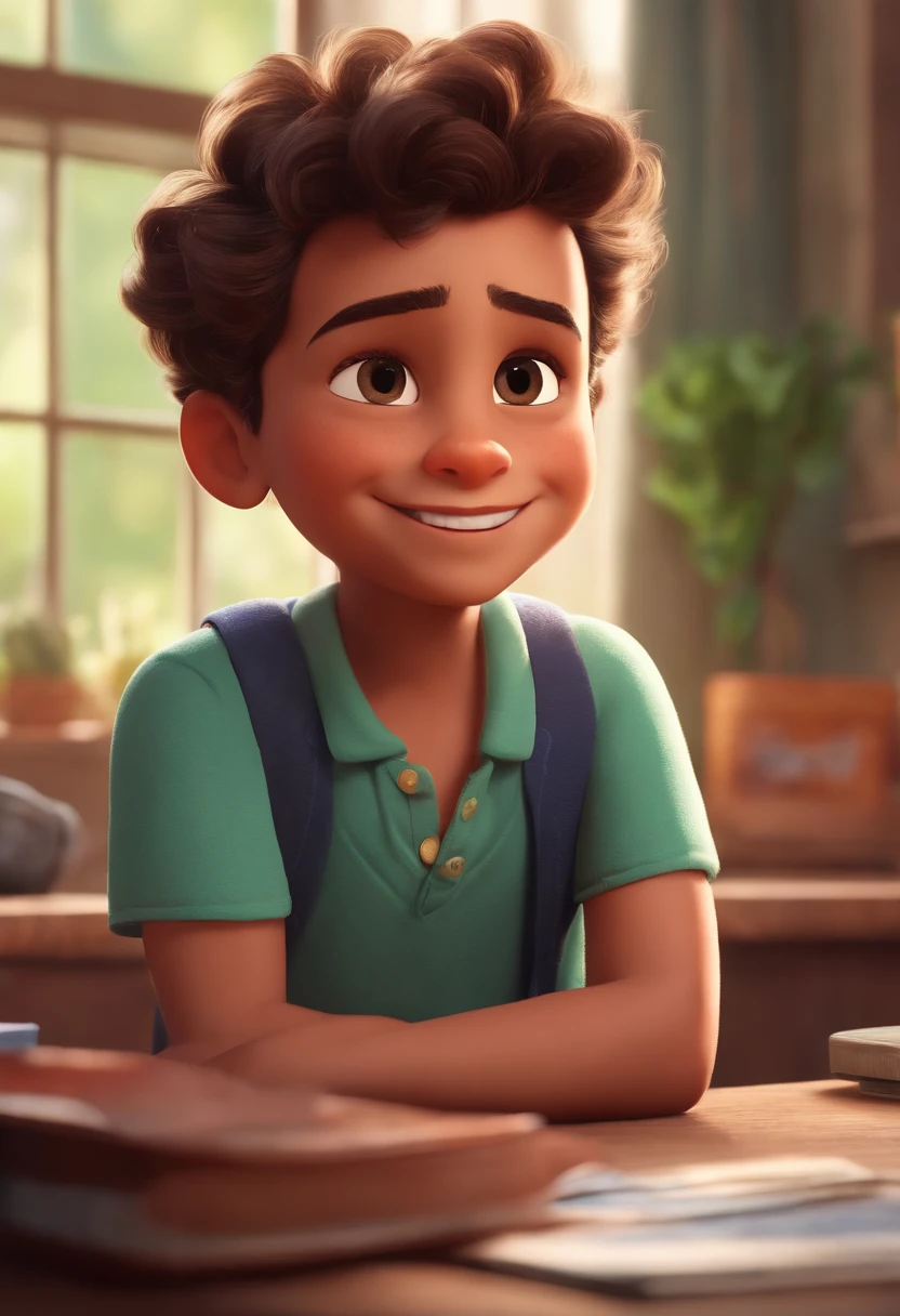 Image of a boy for a story in a YouTube video in Pixar format, He's the little allabester, He's the class leader, He's outgoing, Playful and gets up for a lot of things, cabelo curto