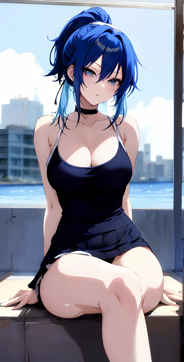 anime girl with blue hair and black top sitting on the floor, seductive anime girl, 2 d anime style, ecchi anime style, anime girl, beautiful blue haired girl
