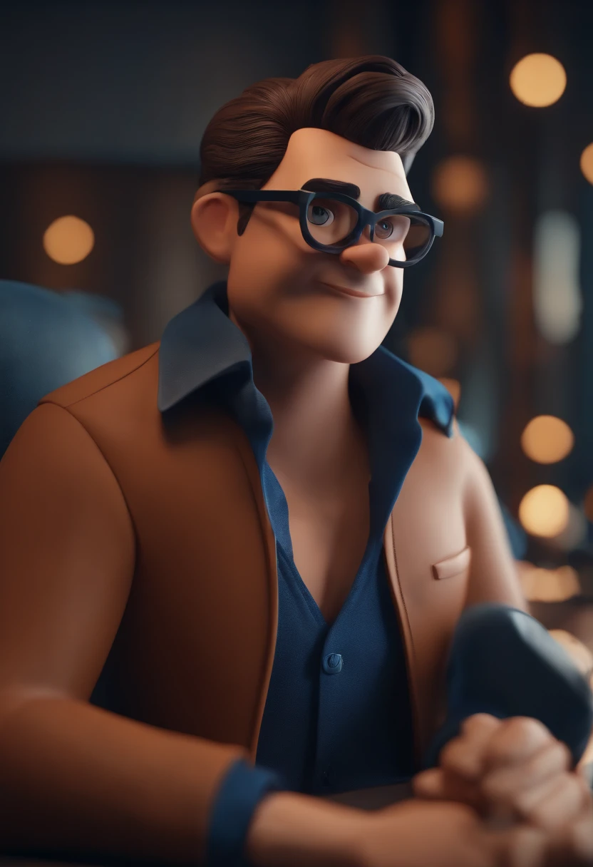 Cartoon character of a man wearing black glasses and a blue shirt, um personagem animado, Caractere estilizado, animation style rendering, 3D estilizado, Arnold Maya render, 3 d render stylized, toon render keyshot, Personagem 3D, Personagem 3D, 3d rendering stylized, 3 d character render, personagem de desenho animado, Personagem de close up, Pose de personagem, (Estilo Pixar) (master part:1.2) (Bokeh) (best quality) (pele detalhada) (textura detalhada) (8k) (argila) (Cinematic lighting) (foco nítido,Senta e vaza a parte superior do corpo