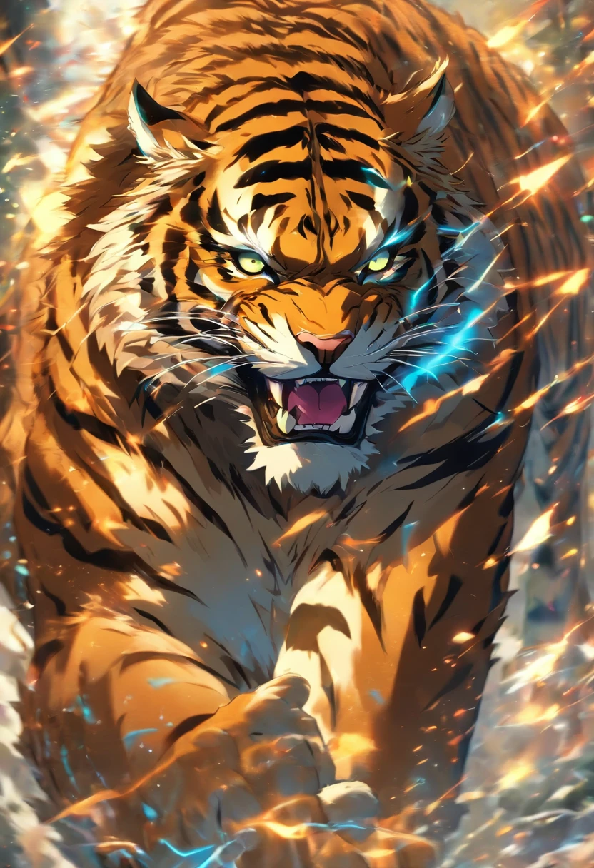 Tigre humanoide forte e musculoso, usando terno cinza, elegante, com um fuzil