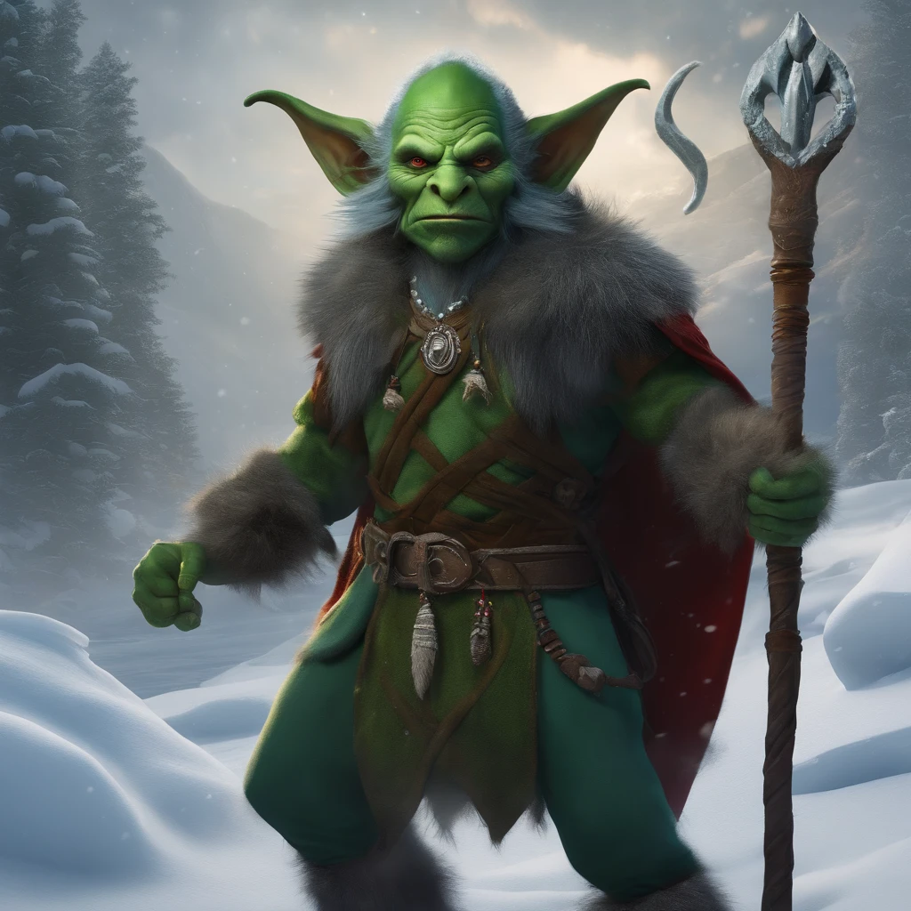 "green-skinned goblin warrior, wearing warm medieval clothes under a shaman, wielding a menacing wand." (tundra background) standing in the snow