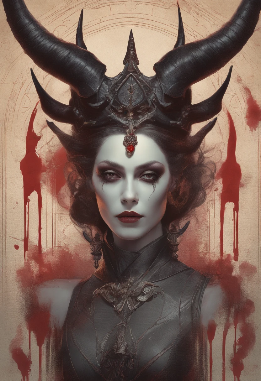 demonic woman with horns and blood on her face, an ultrafine detailed painting inspired by Art of Brom, featured on Artstation, gothic art, artgerm and tom bagshaw, tom bagshaw inspired, in style of dark fantasy art, portrait of demon girl, tom bagshaw artstyle, artstyle tom bagshaw, exquisite creature poster art