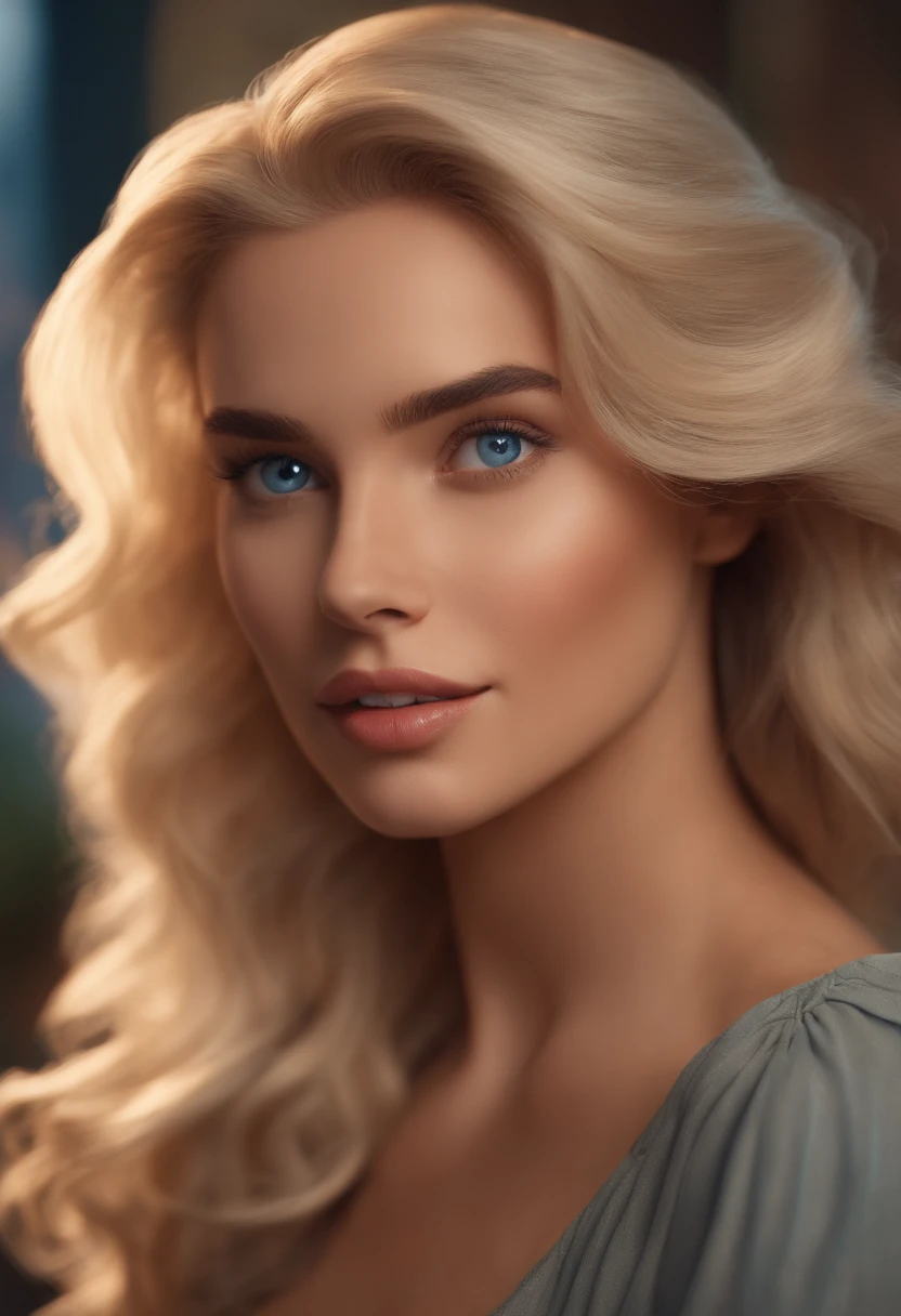 Image of a blonde woman for a story in a YouTube video in Pixar format, She's the little allabester, She's the leader of the class, She's outgoing, Romantic and gets up for a lot of things, cabelo curto e olhos azuis