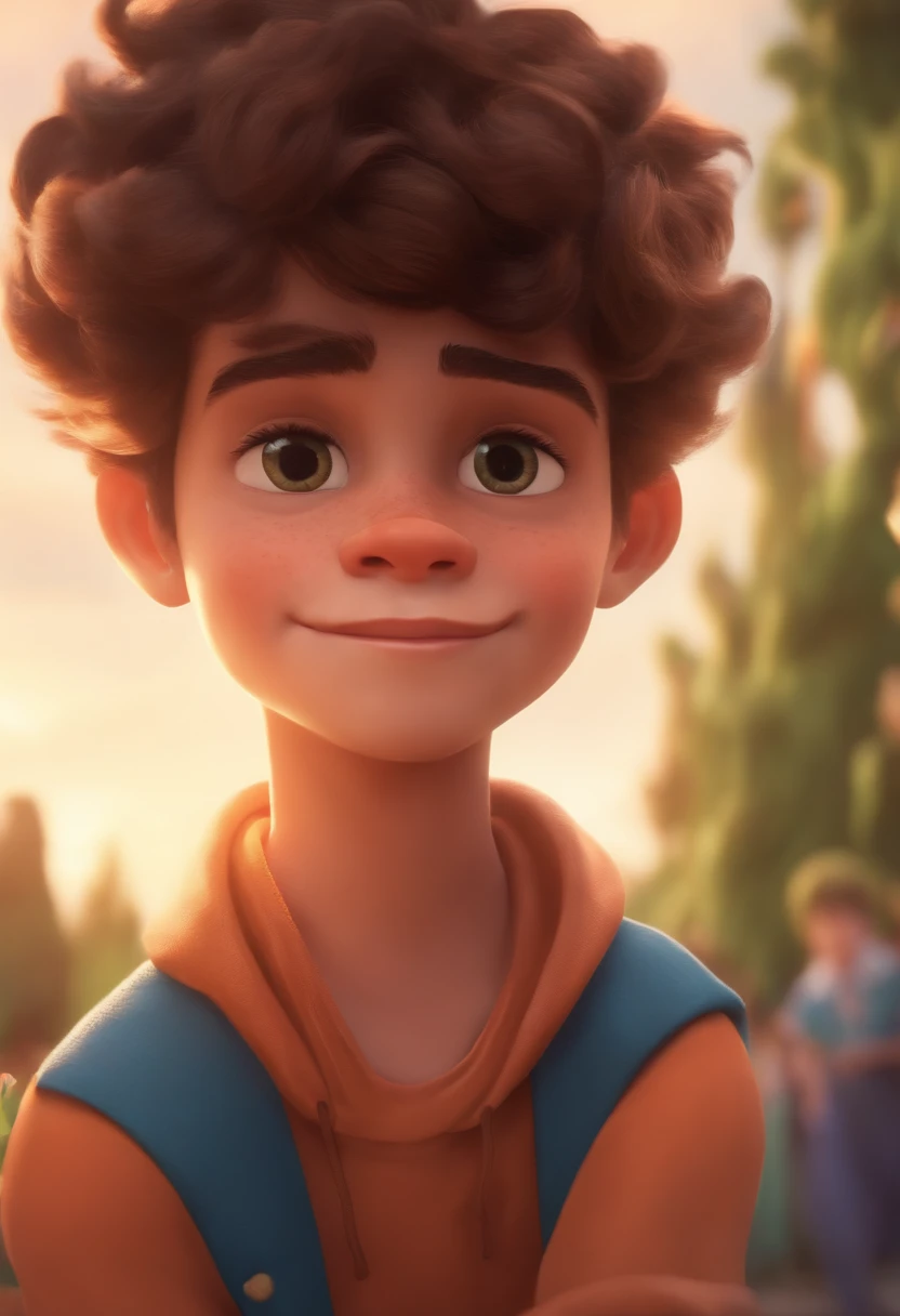 Image of a boy for a story in a YouTube video in Pixar format, He's the allabester, He's the class leader, He's outgoing, Playful and gets up for a lot of things, cabelo curto