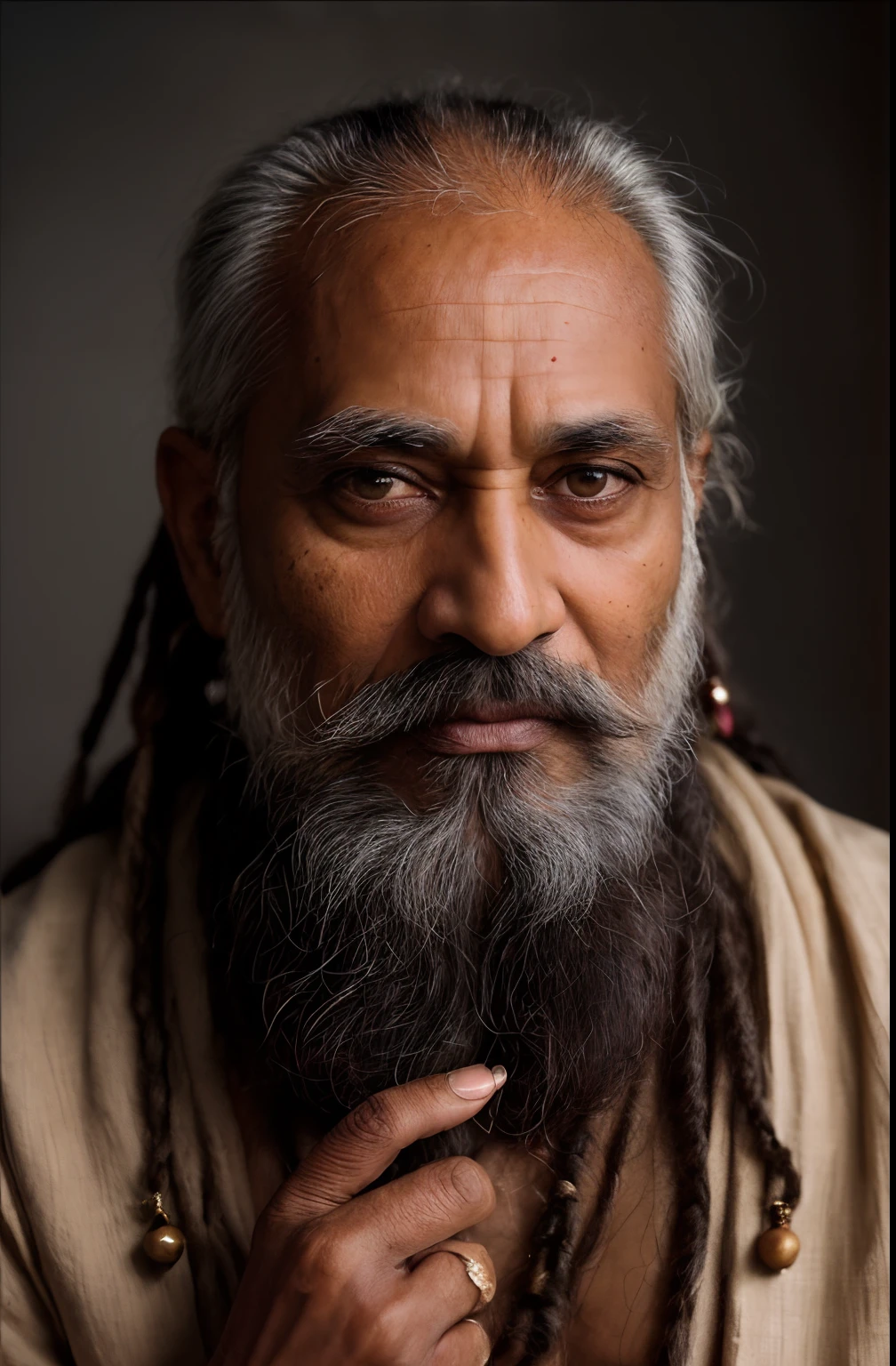 (a Conceptual Portraits photo of an Indian sadhu), (metalic skin color:1.4),(Highly detailed face:1.5),(eye depth :1.4),(background inside dark, Moody, Private study:1.3),(old indian man:1.1, age 50, dreadlocks hair ,white bigger beard:1.5,bigger moustache:1.4,in swag,extremely detailed facial hairs,portrait,half body,detailed eyes and face,detailed hair,traditional clothing,(split lighting: 1.4),vibrant colors,dignified expression) bhasma on forehead, holding sigarete in hand Nikon D850, film stock photograph ,4 Kodak Portra 400 ,Camera f1.6 shots ,Rich colors ,Ultra photo realsisim ,Lifelike texture, Dramatic lighting , cine still 800,