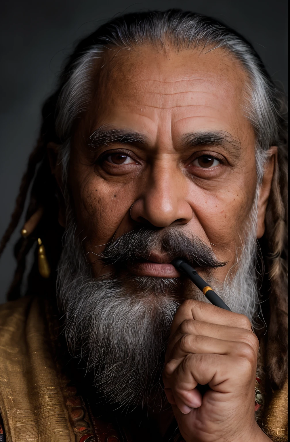 (a Close-up Portrait photo of a middle age man), (metalic skin color),(Highly detailed face:1.4)(background inside dark, Moody, Private study:1.3),(split lighting: 1.4)(old indian man:1.1, age 50, dreadlocks hair ,white bigger beard:1.1,bigger moustache:1.1,in swag,extremely detailed facial hairs,portrait,half body,detailed eyes and face,detailed hair,traditional clothing,aged appearance,royal background,studio lighting,vibrant colors,dignified expression) bhasma on forehead, holding sigarete in hand Nikon D850, film stock photograph ,4 Kodak Portra 400 ,Camera f1.6 shots ,Rich colors ,Ultra photo realsisim ,Lifelike texture, Dramatic lighting , cine still 800,