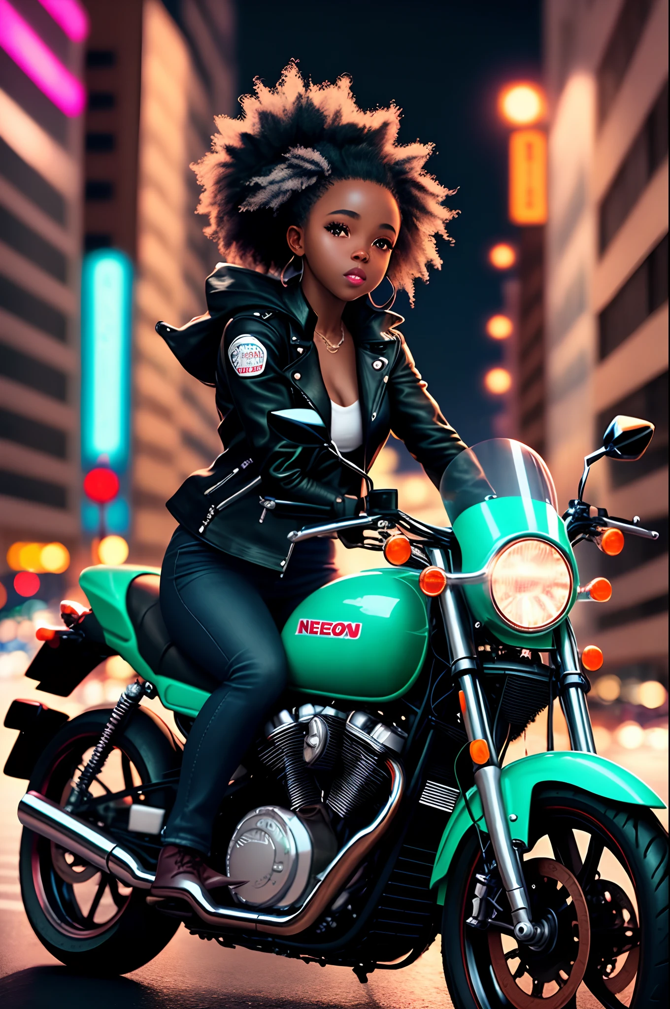 black girl on a motorcycle in a city at night with neon lights