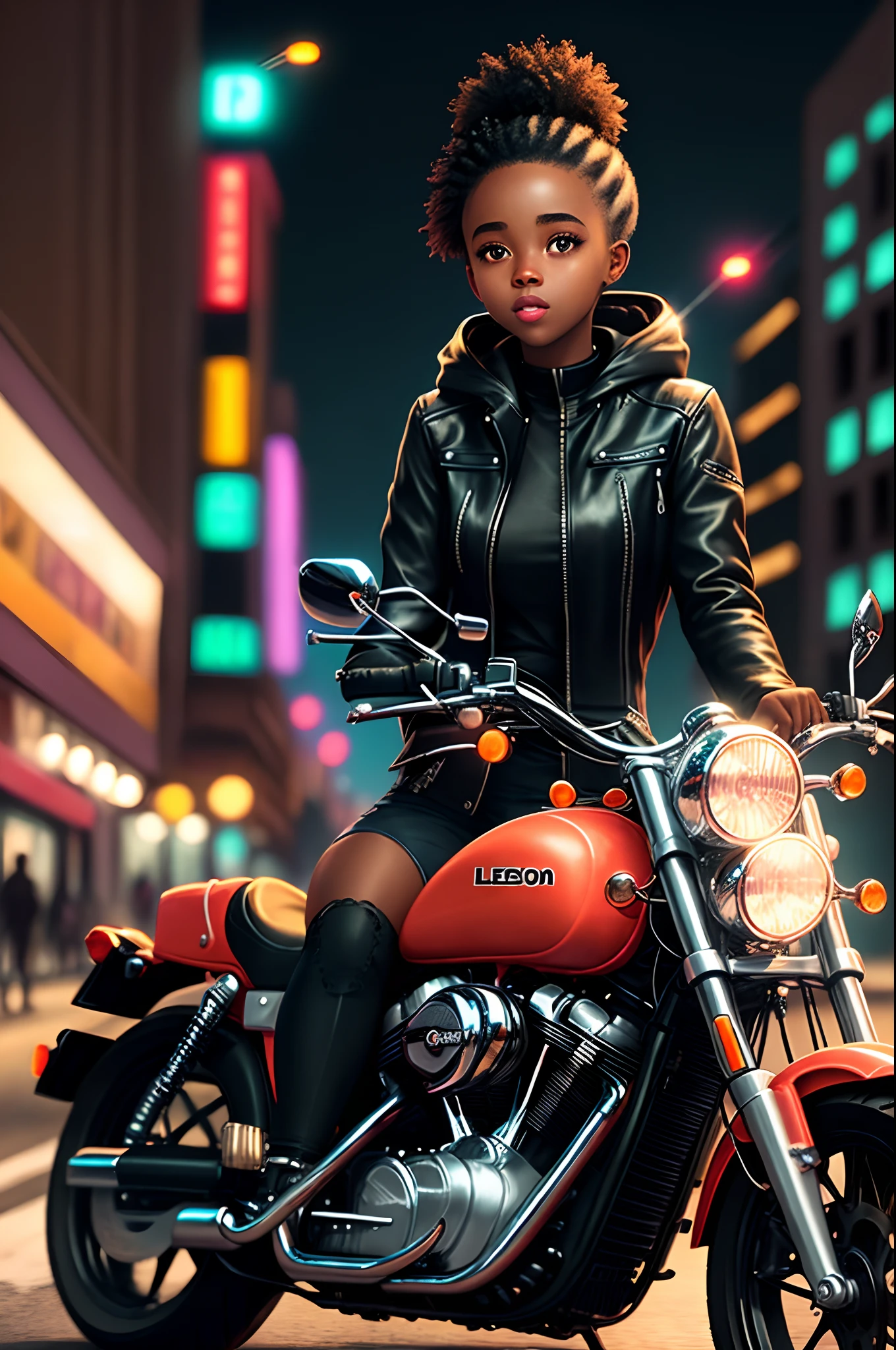 black girl on a motorcycle in a city at night with neon lights
