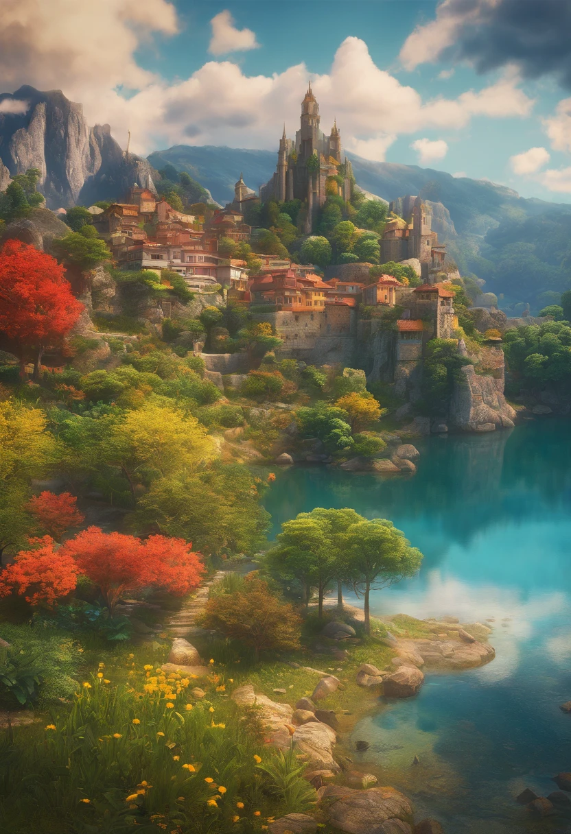 master part, best quality, alta qualidade, extremamente detalhado CG unidade 8k papel de parede, Landscape, ao ar livre, heaven, Cloud, dia, Grande castelo medieval, Sem humanos, montanha, Landscape, water, tree, blue skies, waterfall, penhasco, Natureza, lago, Rio, aldeia, outono, Cloudy sky, flores multicoloridas, award-winning photography, Bokeh, profundidade de campo, HDR, florescer, chromatic aberration, fotorrealista, extremamente detalhado, trending in artstation, trend in CGSociety, Complexo, High detail, Dramatic, Arte por Midjourney