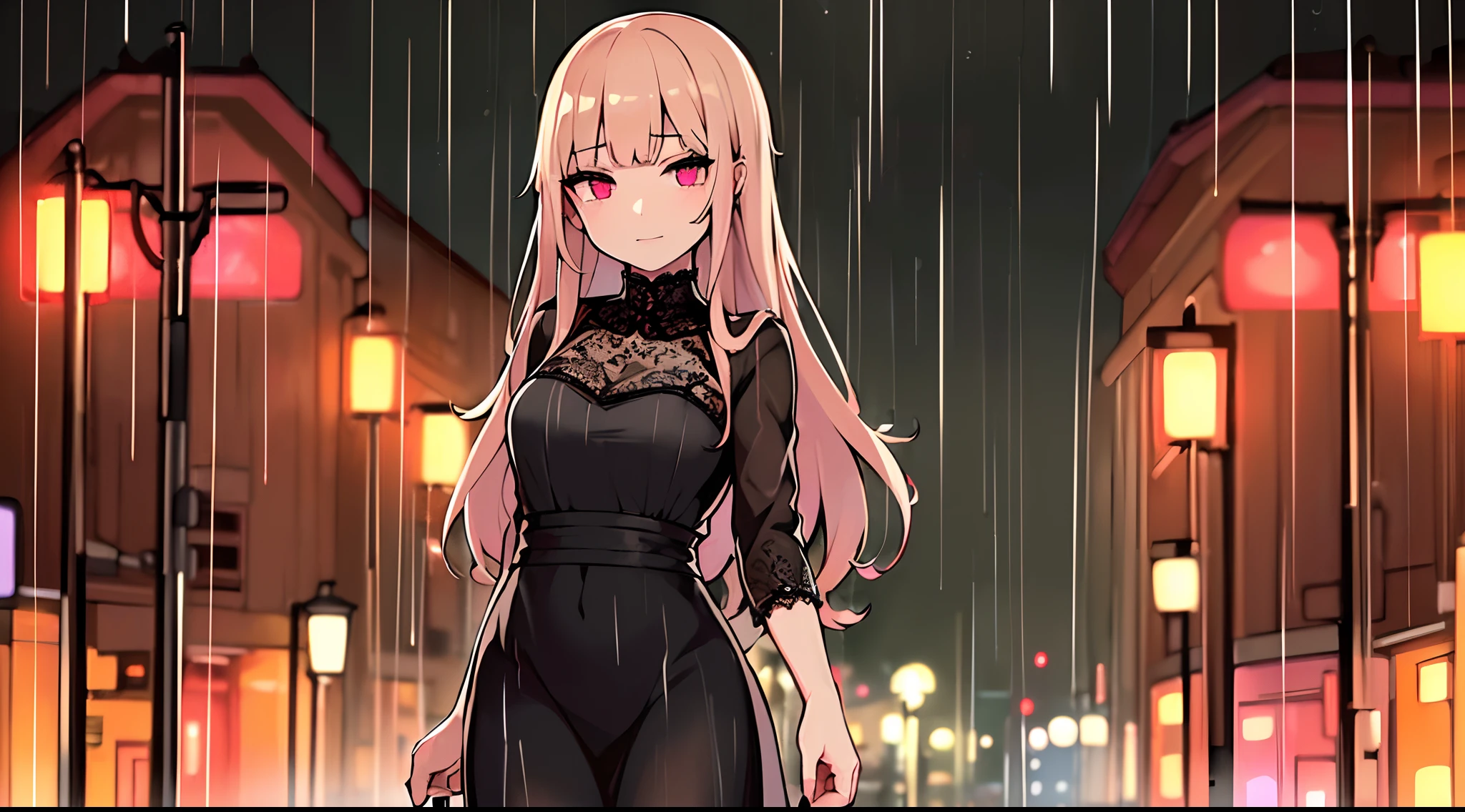 ((Best quality, 8k, lace maxi dress, standing in the rain, red light district, highly detailed face and skin texture, detailed eyes, double eyelids.)