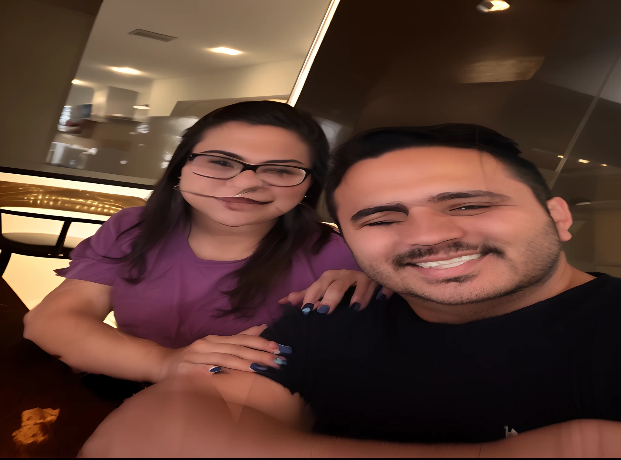 Smiling man and woman standing next to each other in a room, Directed by: Rafail Levitsky, com barba leonidas, foto no iphone, Capturado no iPhone, audience selfie, Fotografia tirada em 2 0 2 0, both smiling for the camera, Selfie, Foto tirada em 2018, Directed by: David Ruby, Karla Ortiz, Com Godray