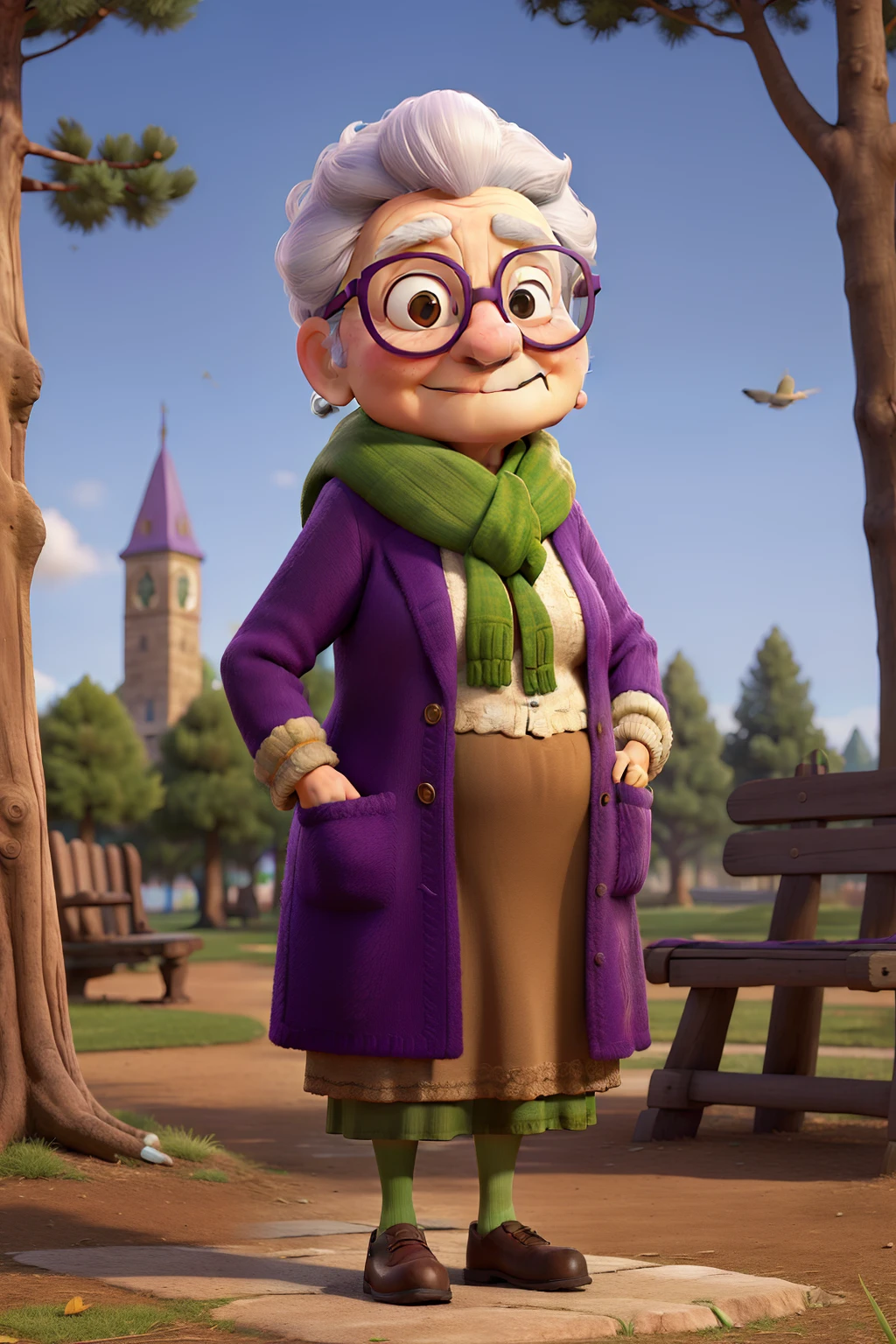 masterpiece, best quality, an old woman with glasses and a scarf on, wearing a purple coat and green scarf, standing at the park
