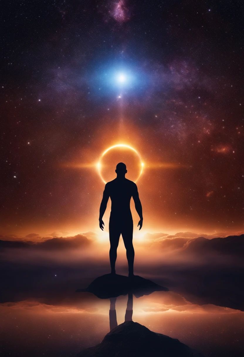 Mystical man in the middle of the universe Astral body, halo, deep meditation, Etéric atmosphere, Aurico
