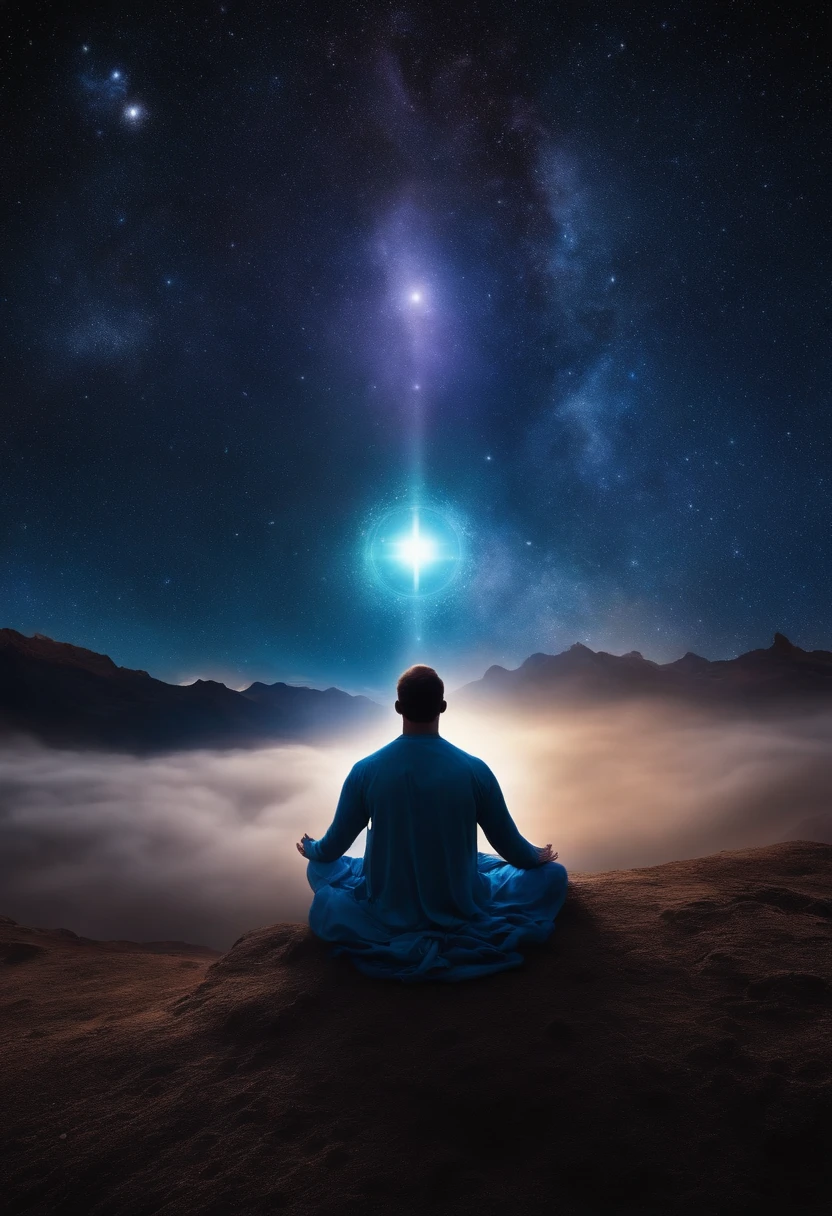 Mystical man in the middle of the universe Astral body, halo, deep meditation, Etéric atmosphere, Aurico