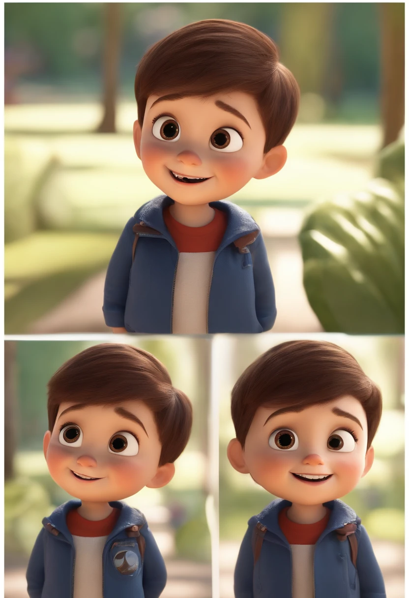 a happy cute kid standing short hair, vestindo uma fantasia espacial, , fundo branco, barnet, tom, Estilo Pixar, ..3d, desenhos animados, rosto detalhado, asymmetrical 16k