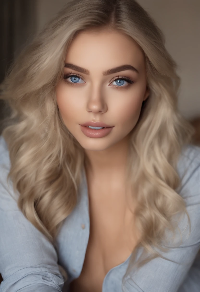 arafed woman fully , sexy girl with blue eyes, ultra realistic, meticulously detailed, portrait sophie mudd, blonde hair and large eyes, selfie of a young woman, bedroom eyes, violet myers, without makeup, natural makeup, looking directly at the camera, face with artgram, subtle makeup, stunning full body shot kneeling on bed, in bedroom, medium to large size bust, blond hair
