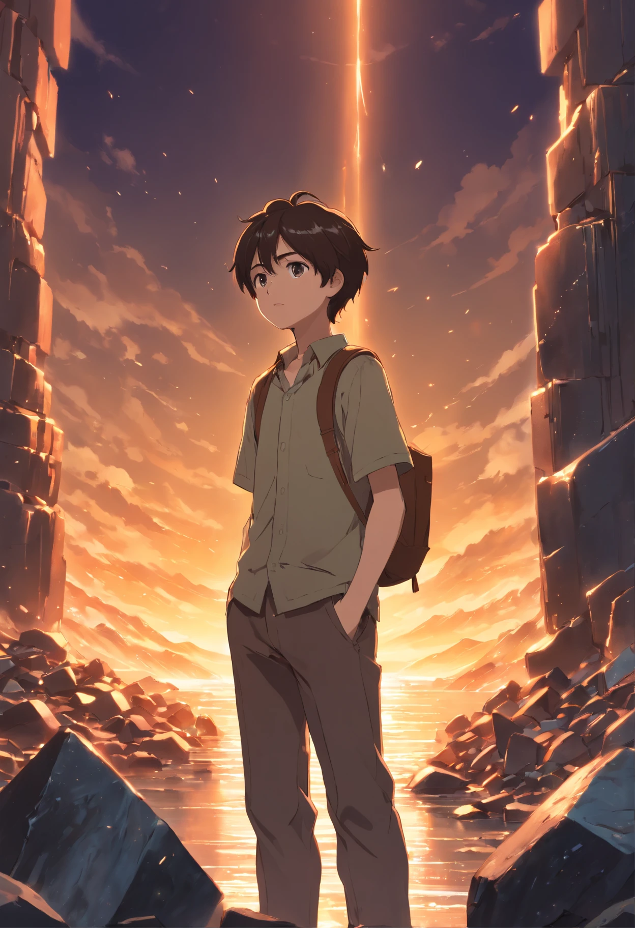 A dark-haired boy resurrected in a brown-eyed shirted standing looking at the ore