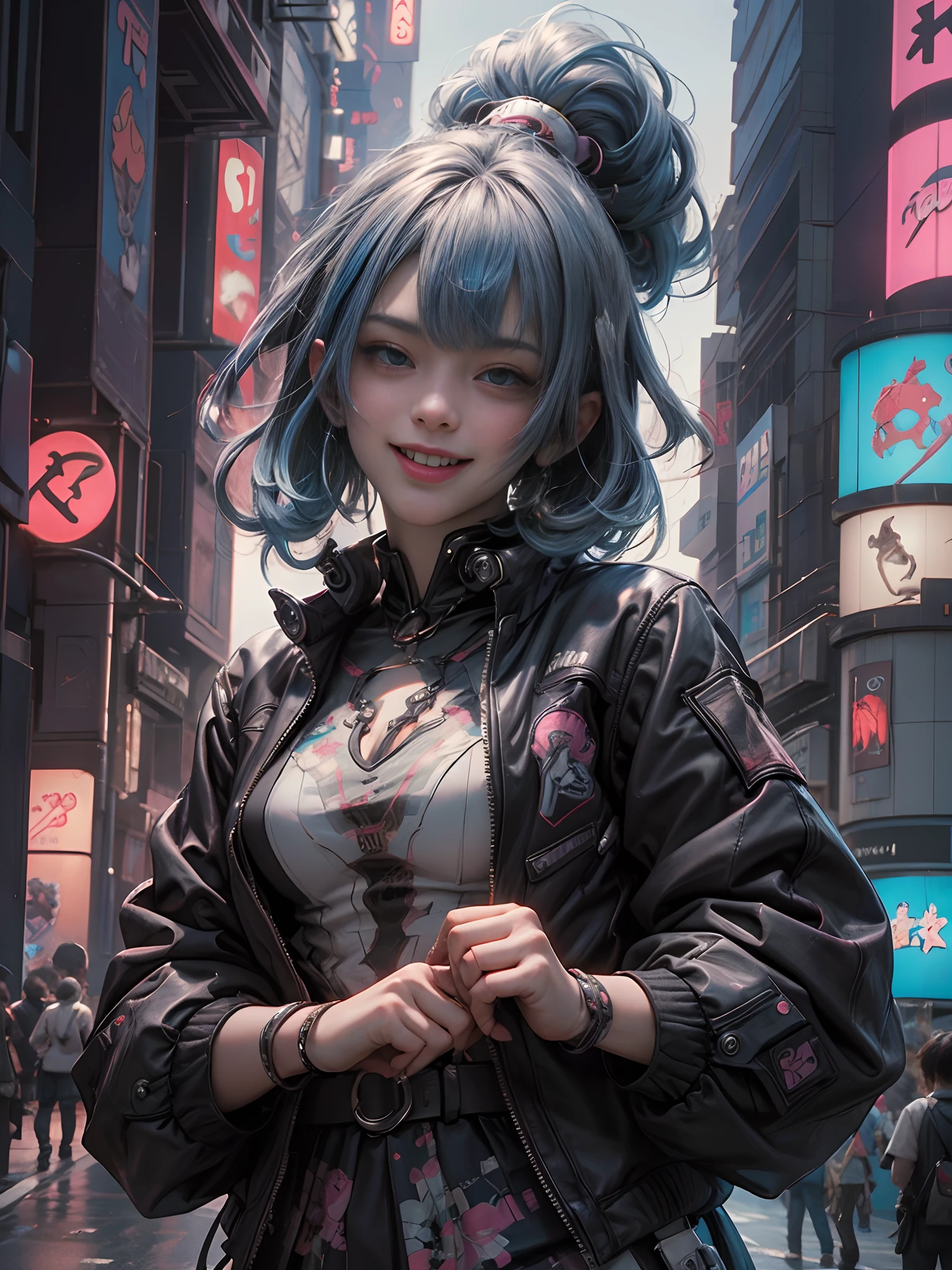 Anime masterpiece, best quality, (((laughing aged cyberpunk girl ((wearing detailed Harajuku tech jacket)) posing for portrait))), (((Harajuku cyberpunk clothing)))), (bold colors and patterns), eye-catching accessories, trendy and innovative hairstyle))), ((insane detail)), dazzling Cyberpunk cityscape, skyscrapers, glowing neon signs, (LED lights), anime illustration, detailed skin texture, detailed cloth texture, beautiful detailed face, intricate details, ultra detailed, cinematic lighting, strong contrast, colorful.