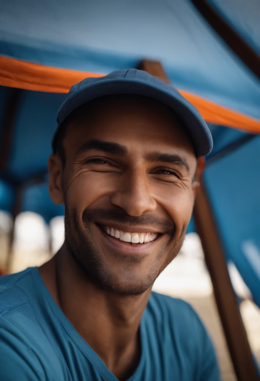 Pixar 3D style smiling man in a blue shirt and hat sitting under a tent, 8k selfie photograph, sweaty face, profile image, very slightly smiling, profile picture 1024px, selfie of a man, happily smiling at the camera, slightly smiling, smiling at the camera, profile picture, profile shot, looking happy, smiling into the camera, almost smiling