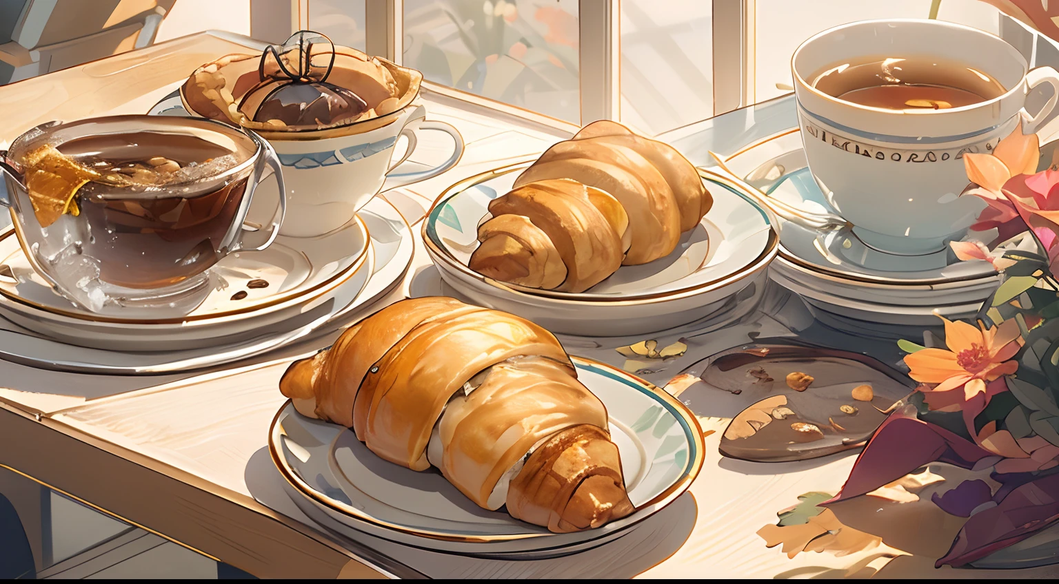 Hay una pintura de una taza de cafe y un plato de comida en una mesa, Acogedor fondo de salon, Arte conceptual relajante, salon comedor, arte lofi, Alabanza Artstyle, en una salon luminosa, in a sunny day, Arte de fondo del anime, relaxing atmosphere, Lugar de encuentro por la tarde, sentado en un salon, Ambiente soleado, drinking tea, ☕ On the table are trays of golden croissants and delicately braided Danish pastries that cool on racks.Everything has a homely atmosphere that perfectly conveys the calm of a new day, Interior Decoration Details, Decoration Design Drawing. --v 6