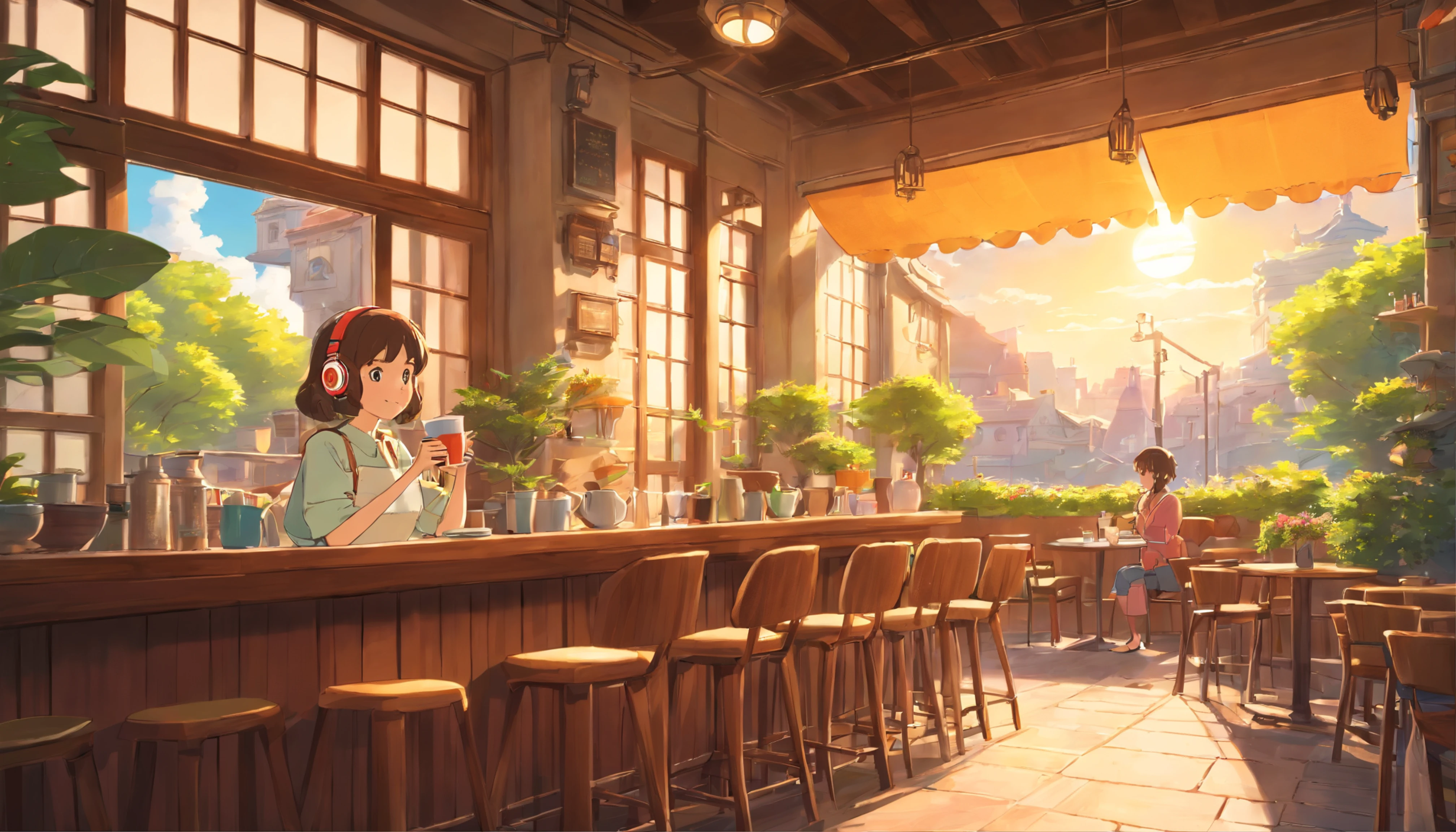 Urban café with terrace,In a spacious space , woman drinking coffee , I'm wearing headphones , Studio Ghibli Animation , Warm sunshine , masterpiece