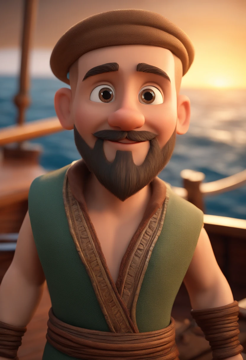 bald boy, with beard, dressed in ancient Hebrew style, on a boat on the high seas, diney style, 3d pixar, animation style rendering, 3D stylized, Arnold Maya render, 3 d stylized rendering, toon rendering keyshot, Character 3D, 3D Character, Stylized 3D Rendering, 3D Character Rendering, cartoon character, Close up Character, Character Pose, (Pixar Style) (Masterpiece:1.2) (Bokeh) (Best Quality) (Detailed Skin) ( detailed texture) (8k) (clay) (Cinematic lighting) (sharp focus