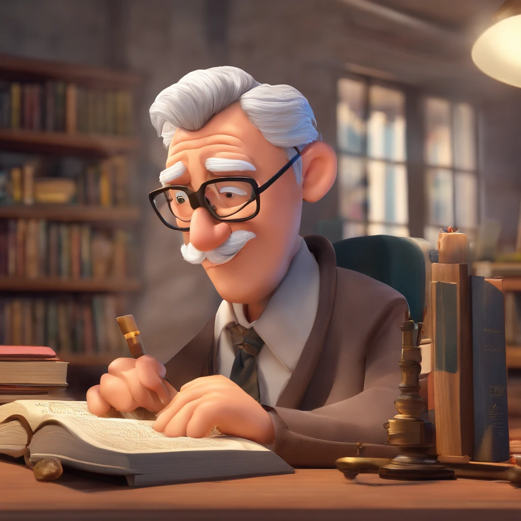 Crie um cartaz inspirado na Disney Pixar com o personagem sendo o pastor Rubens Janier, A gray-haired man wearing glasses, in an office with a Bible on the table