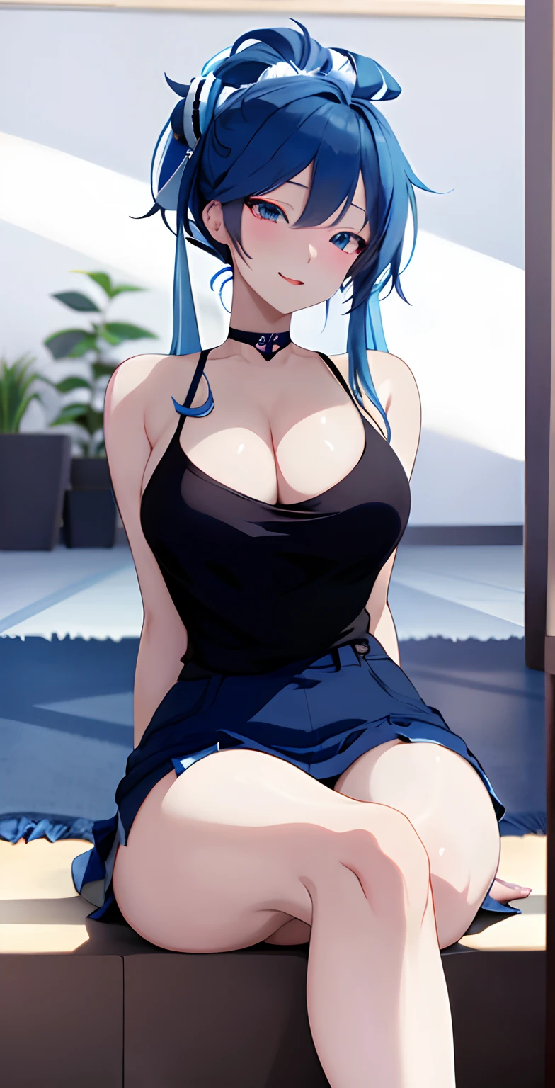anime girl with blue hair and black top sitting on the floor, seductive anime girl, 2 d anime style, ecchi anime style, anime girl, beautiful blue haired girl