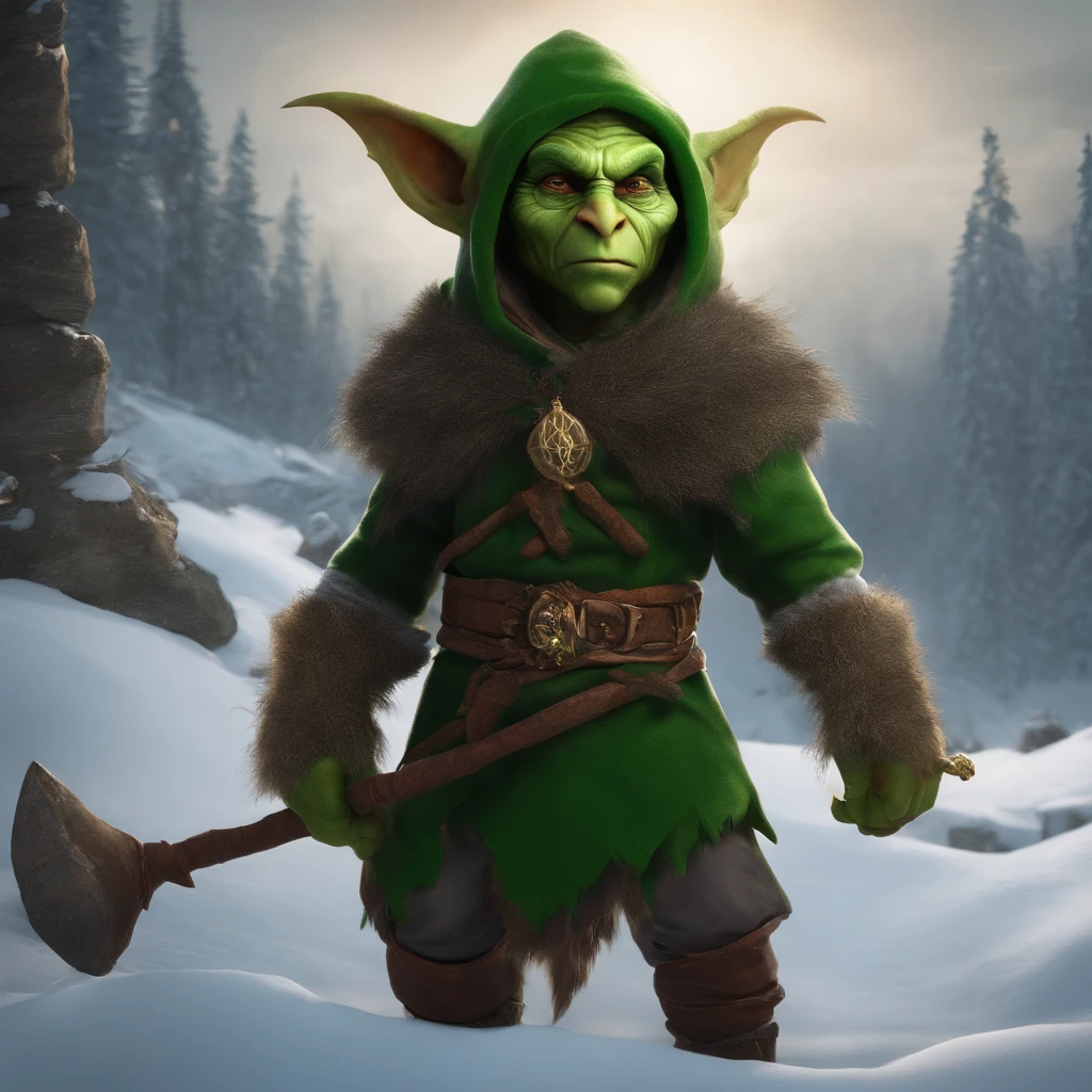 "green-skinned young goblin warrior, wearing warm medieval clothes under a shaman, wielding a menacing wand." (tundra background) standing in the snow, clever goblin, dangerous, the goblin is a wizard (hooded goblin with glowing eyes)