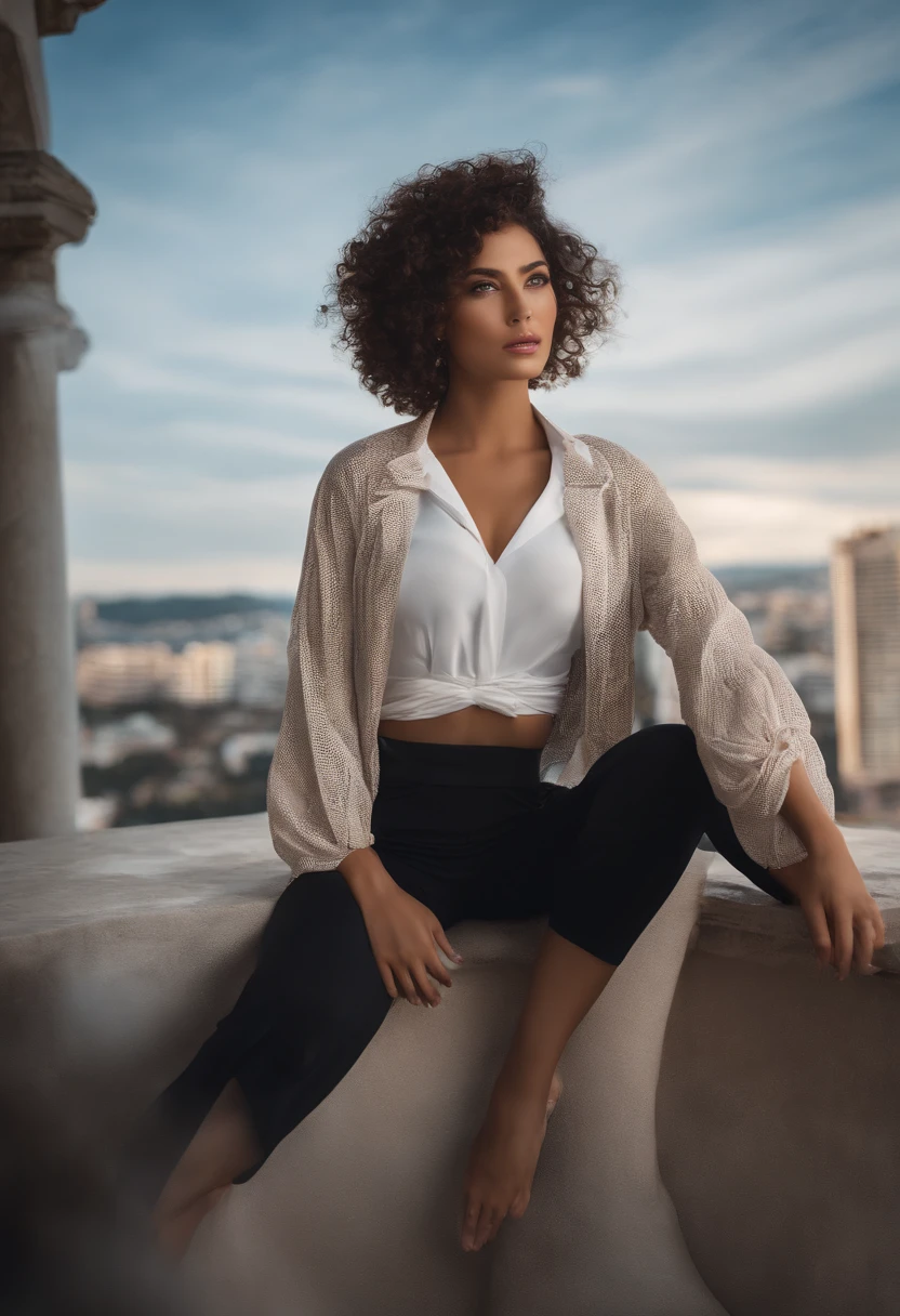 master part, best quality, ultra-detalhado),(1girl), olhos azuis, short hair, morena, Dynamic angle, dynamic pose, natural lighting, floating, (tampo colorido:1.2|tampo preto), (saia justa:1.2|leather pants:0.9), (pulseira de prata:1.2|watch), (Fundo natural:0.8| Cityscape), (sorridente:0.8| Serious expression), (luz no cabelo), many drops of water:0.8