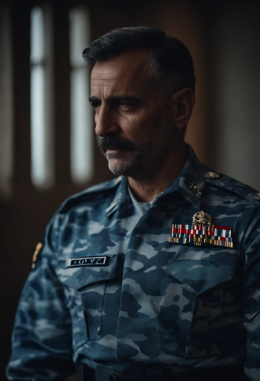 Portrait of a father wearing blue camouflage uniform