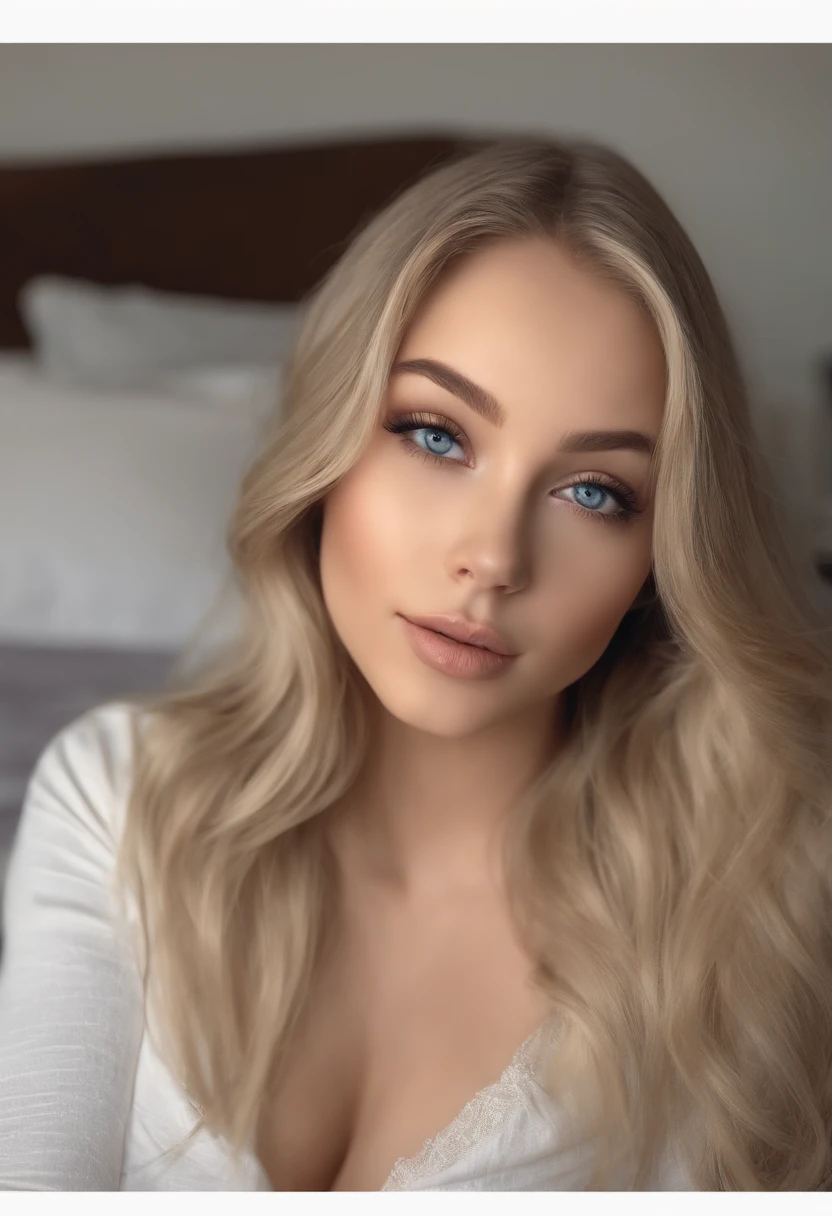 arafed woman fully , sexy girl with blue eyes, ultra realistic, meticulously detailed, portrait sophie mudd, blonde hair and large eyes, selfie of a young woman, bedroom eyes, violet myers, without makeup, natural makeup, looking directly at the camera, face with artgram, subtle makeup, stunning full body shot kneeling on bed, in bedroom, medium to large size bust, blond hair
