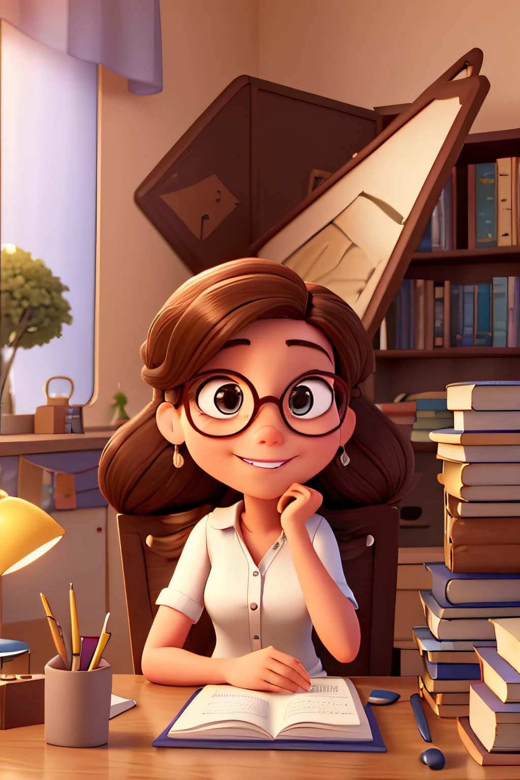 A poster of a Pixar Disney movie with long light brown hair, do lado direiro do ombro,,sorridente, she's white, wears rounded glasses , Signing a book hands, Estilo Pixar, ela tem 60 anos, In front of a set that's a stupid library In the background there's a bookshelf with lots of books She's sitting in a chair behind the desk, On the table there are colored papers, She's with pen in hand signing book she's looking straight ahead, sorridente, she is very beautiful, Wearing a white shirt with white straps , She's sitting in a chair behind the desk, Disney Pixar 3D style Movie Style - Pixar 3D Movie Style