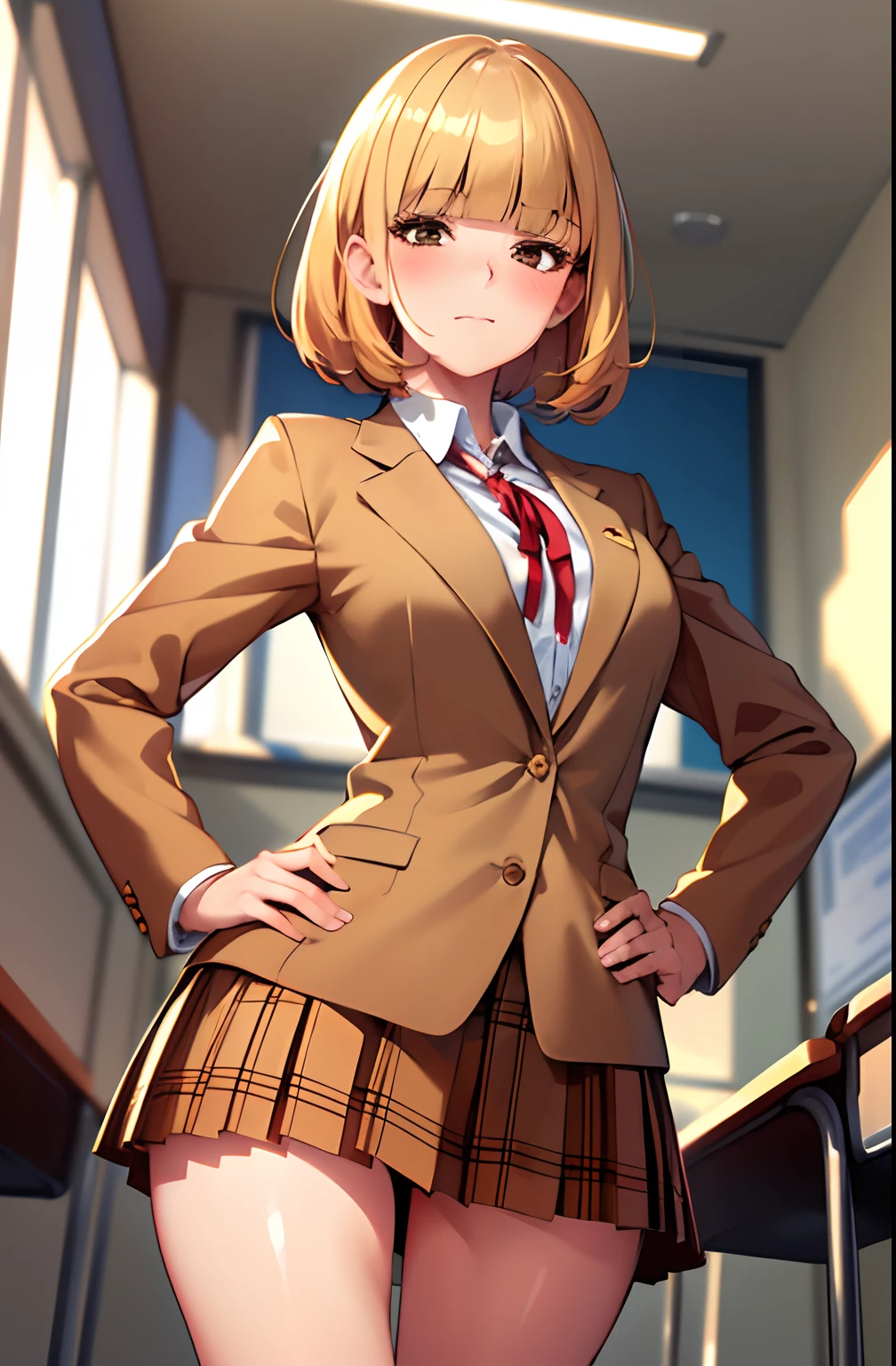 (masterpiece,best quality, detailed), 1girl, solo, classroom, indoors, hands on hips, closed mouth, dutch angle,
midorikawa hana, brown jacket, neck ribbon, collared shirt, school uniform, plaid skirt, loafers, squinting, eyelashes