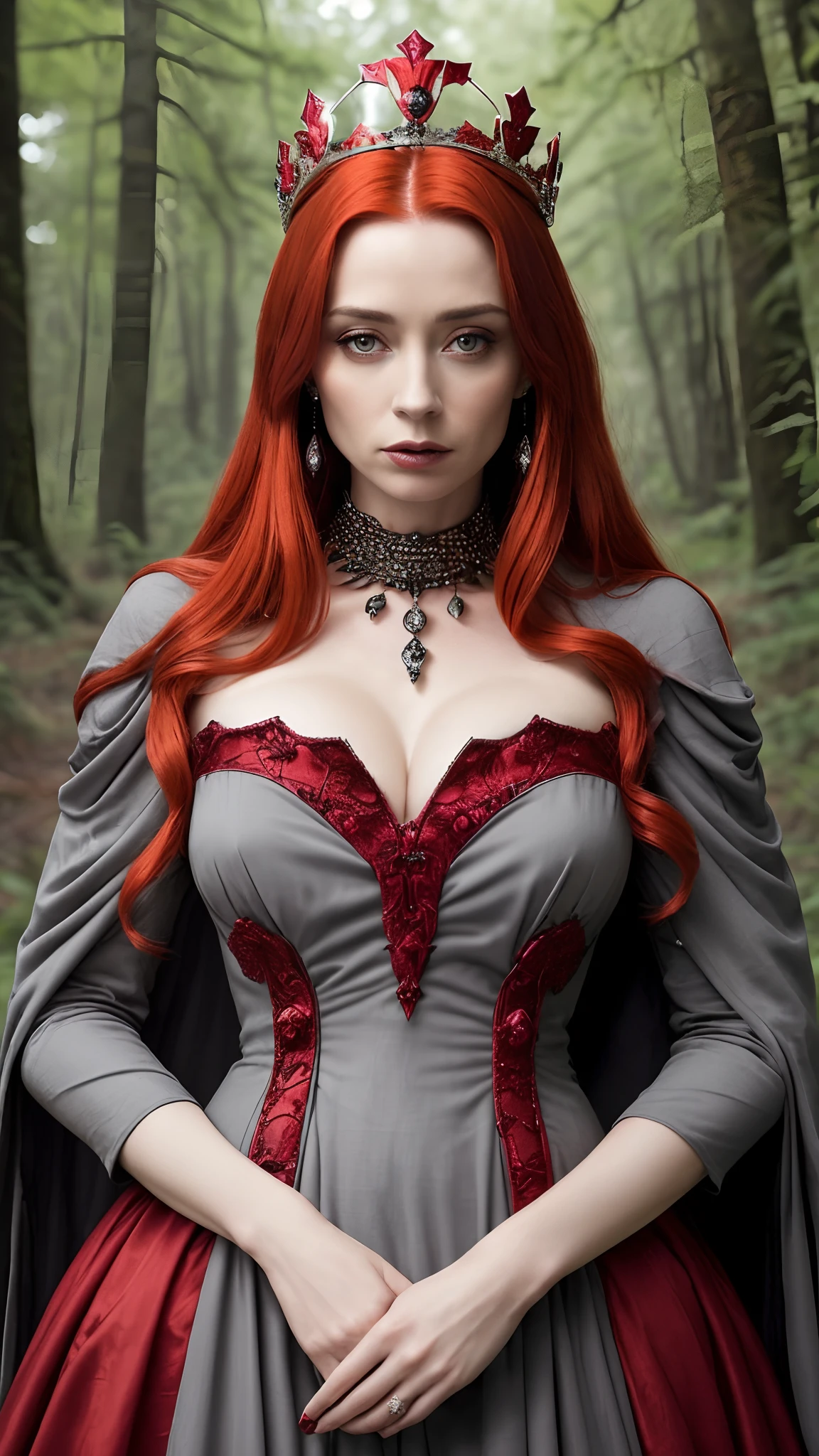 (solo), (best quality:1.4), a close up of a woman with red hair wearing a crown, beautiful vampire female queen, the red queen, by Elena Guro, redhead queen in heavy red armor, diablo 4 queen, portrait of emily blunt as queen, wearing crown, in style of anne stokes, by Nikita Veprikov, (queen of the forest), red haired goddess, with a crown, (luxury dress of dark grey color:1.3)